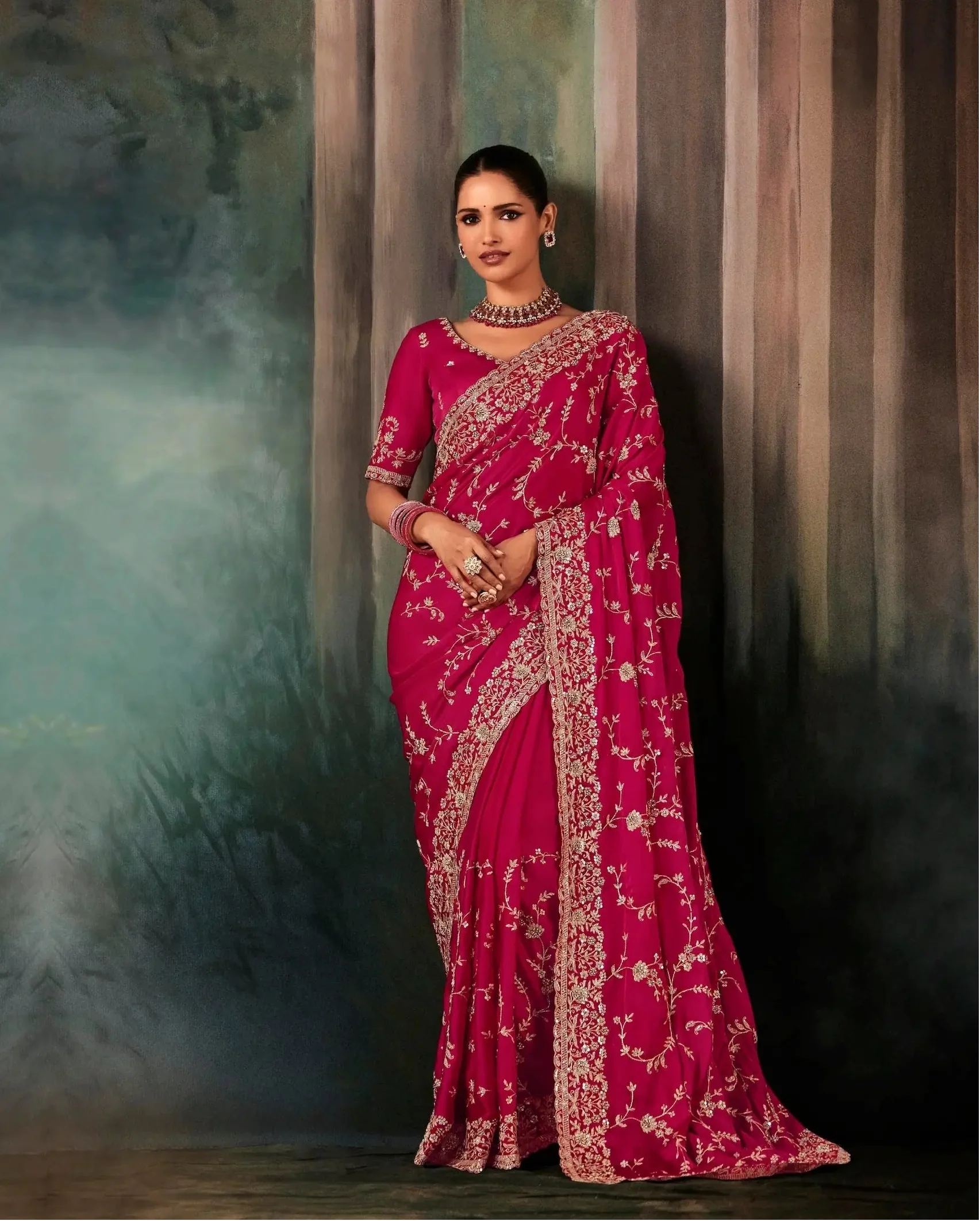 Hot Pink Bridal Saree With Aari & Hand Work