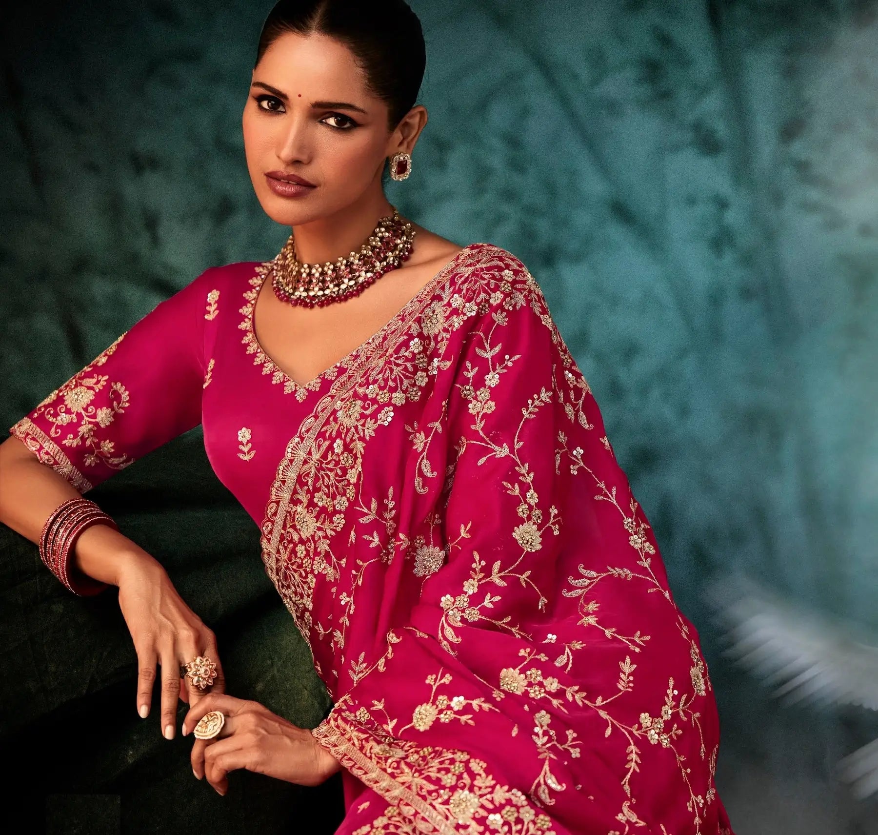 Hot Pink Bridal Saree With Aari & Hand Work