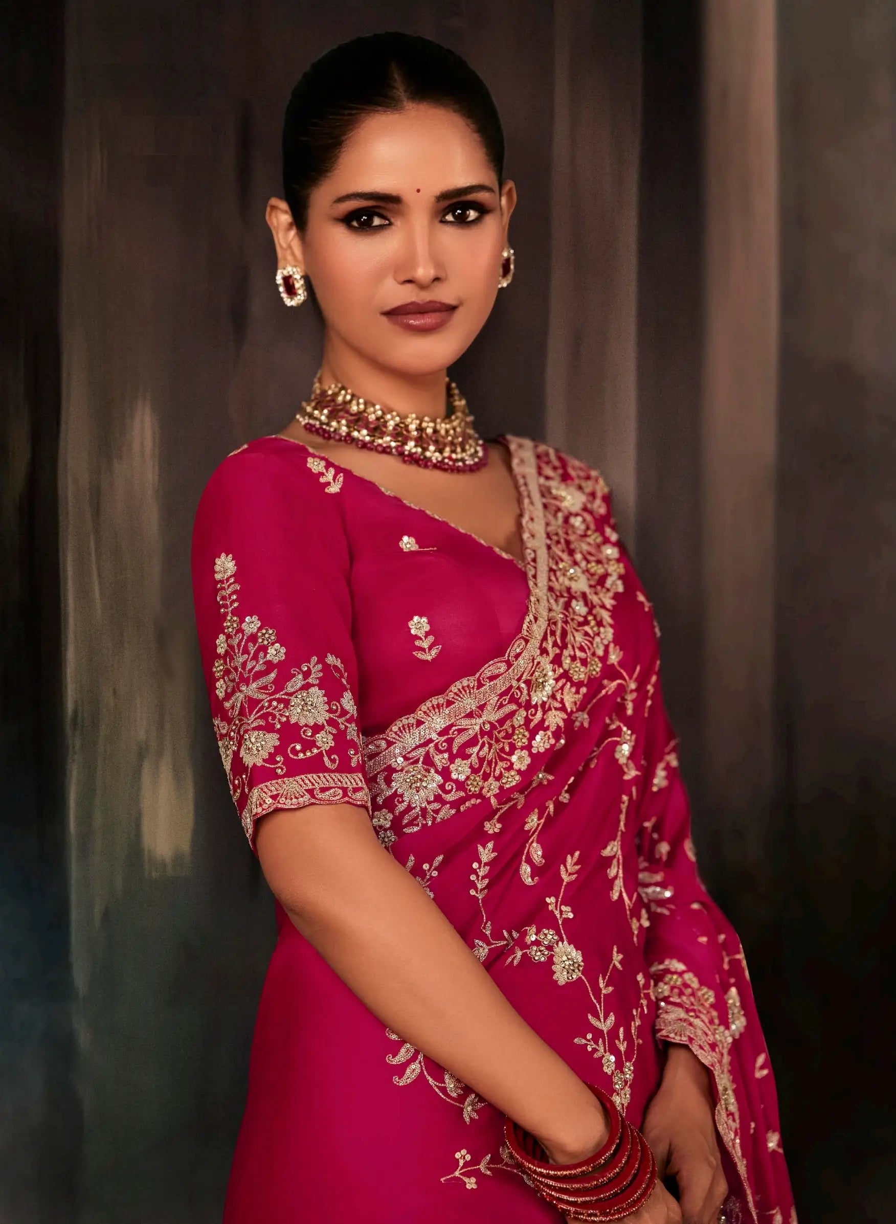 Hot Pink Bridal Saree With Aari & Hand Work