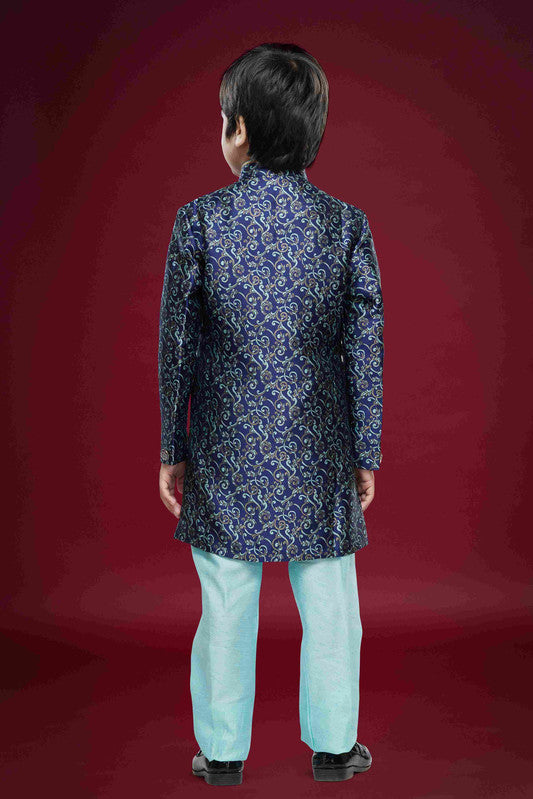 Boy's Blue Banarasi Jacquard Woven Work Indo Western Set