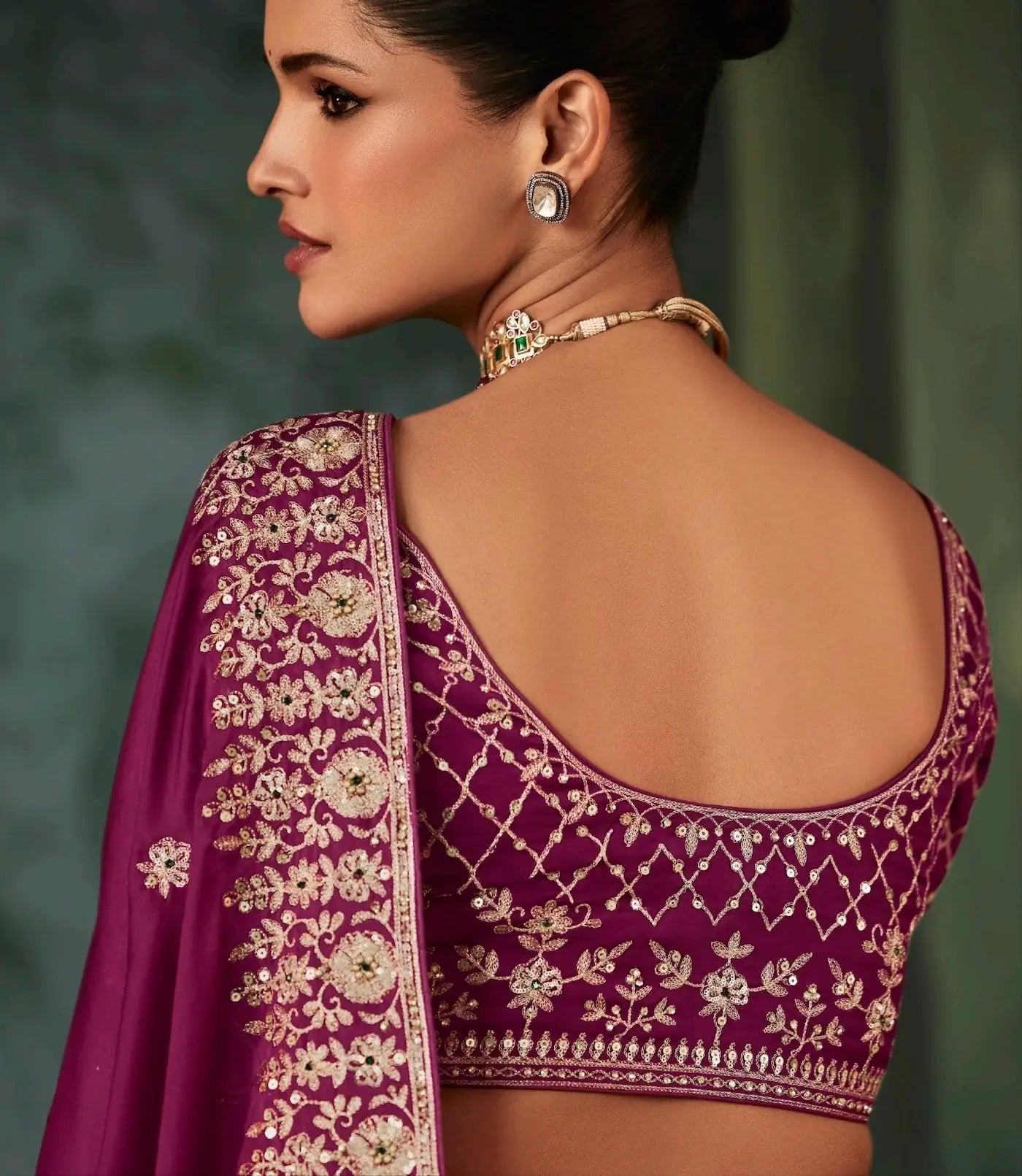 Mulberry Bridal Saree With Aari & Hand Work