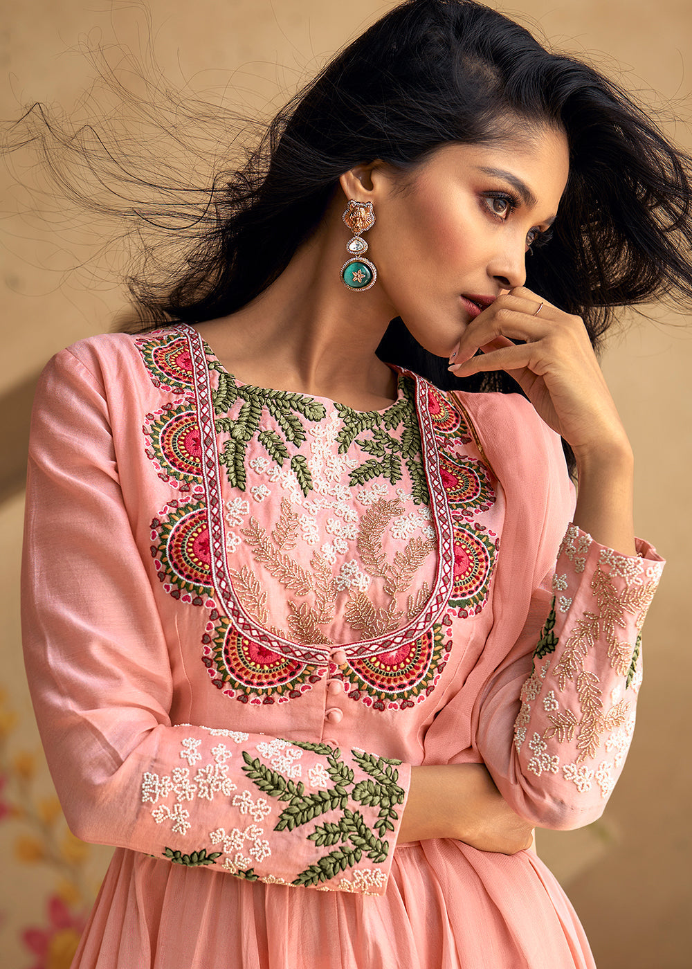 Blush Pink Embroidered Silk Suit - qivii