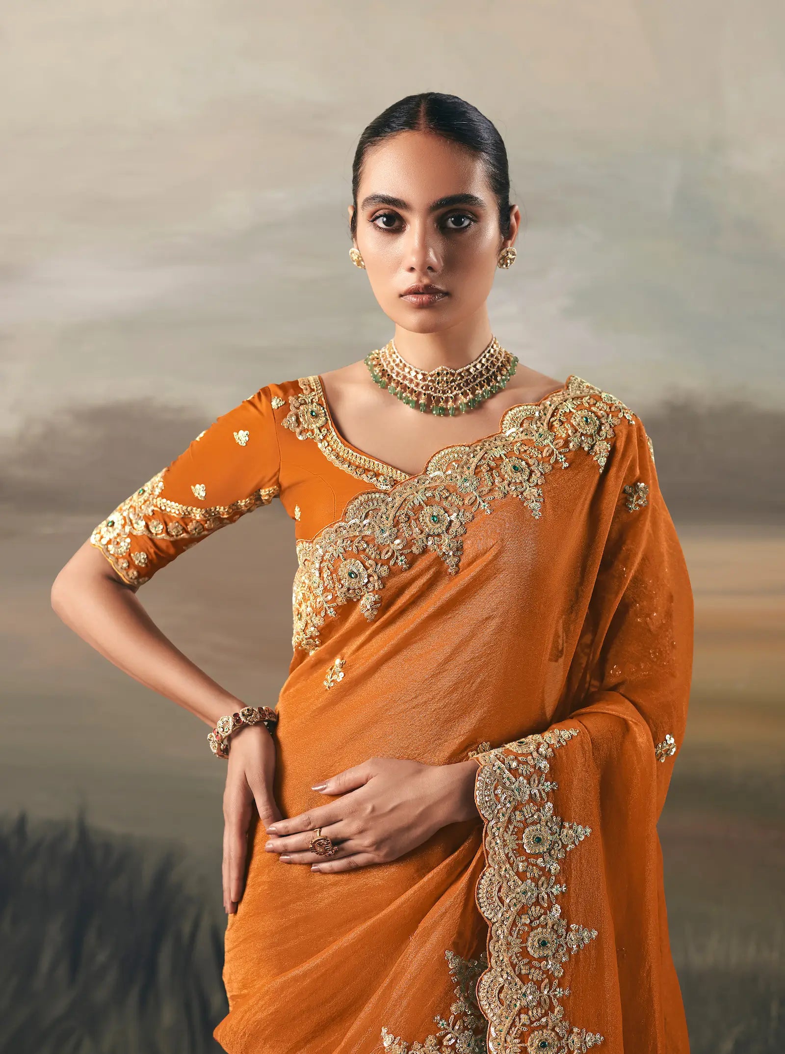 Bright Orange Heavy Embroidered Tissue Silk Saree