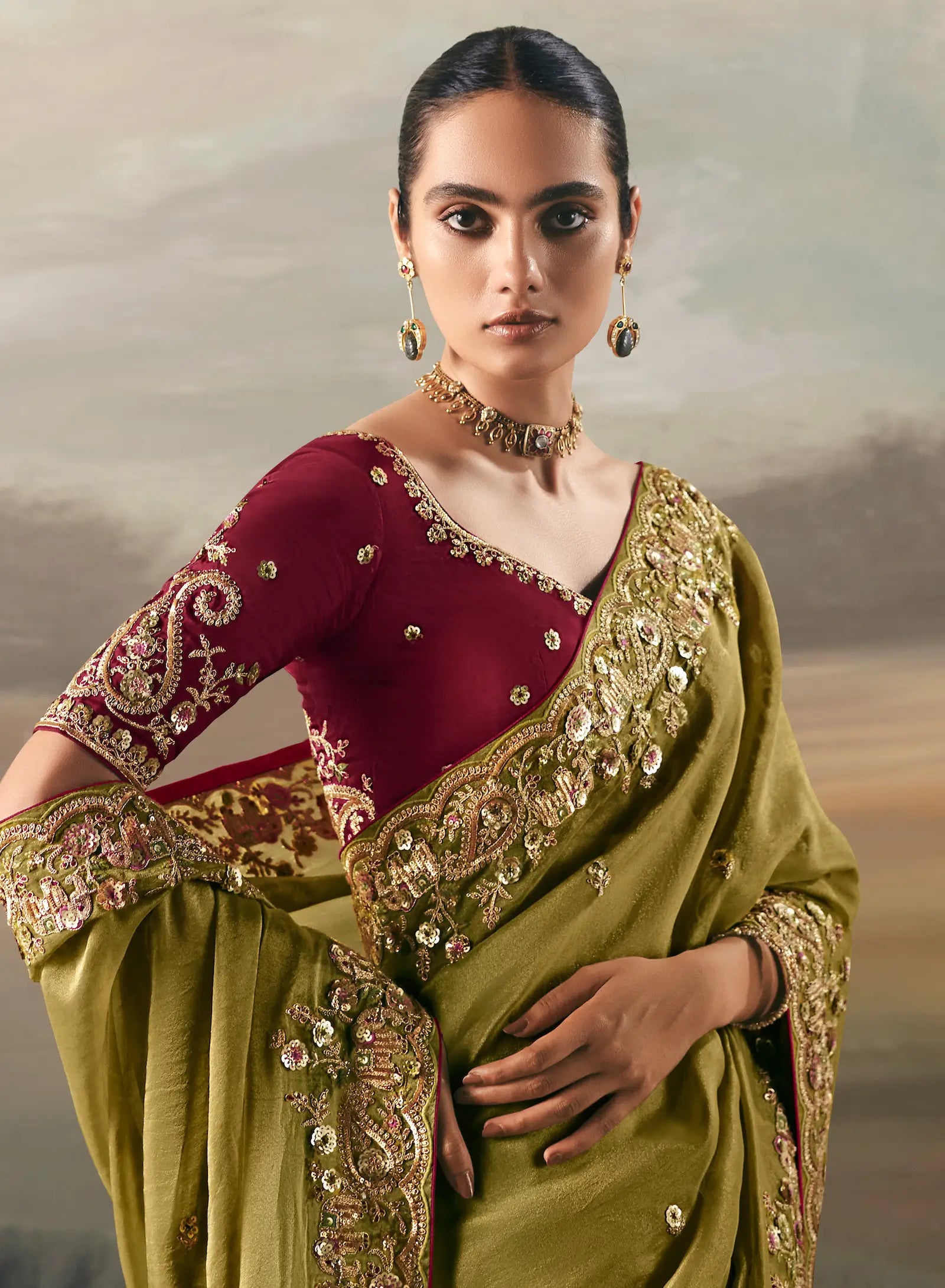 Parrot Green Heavy Embroidered Tissue Silk Saree