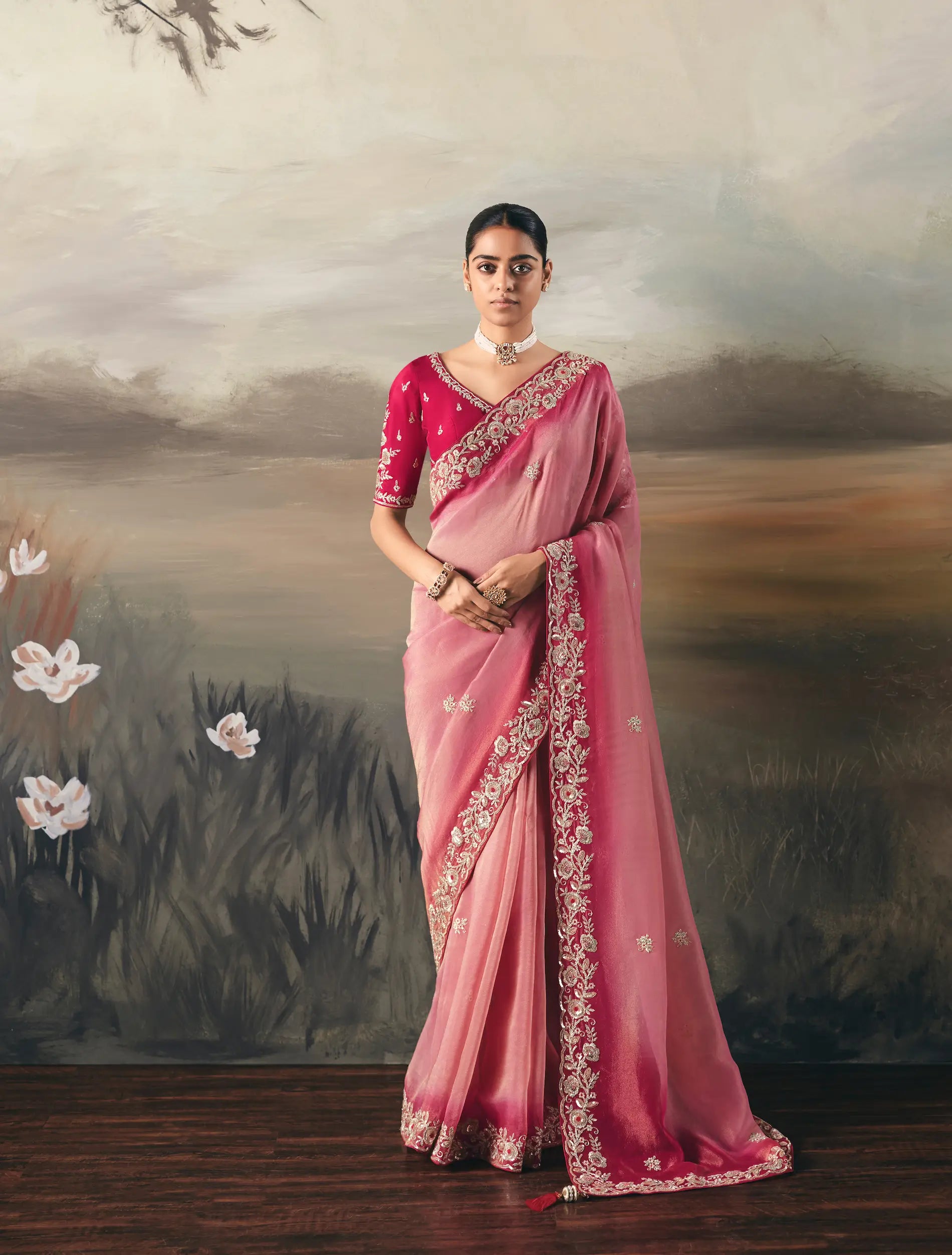 Ruddy Pink Heavy Embroidered Tissue Silk Saree