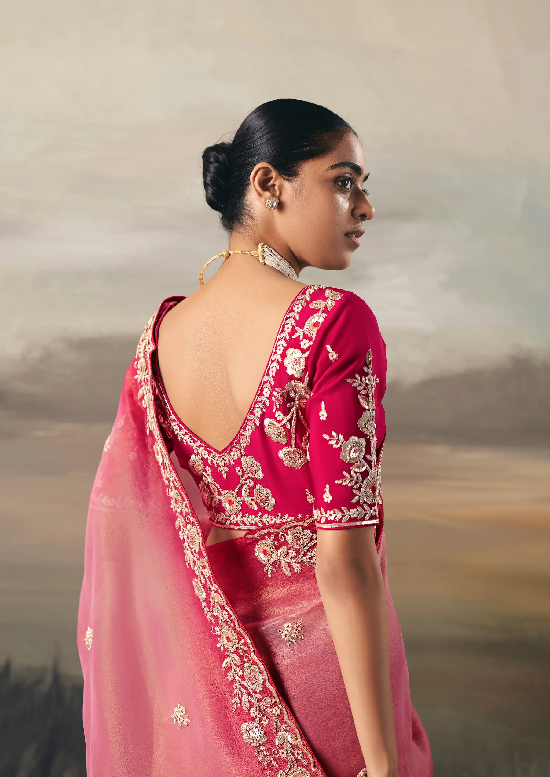 Ruddy Pink Heavy Embroidered Tissue Silk Saree