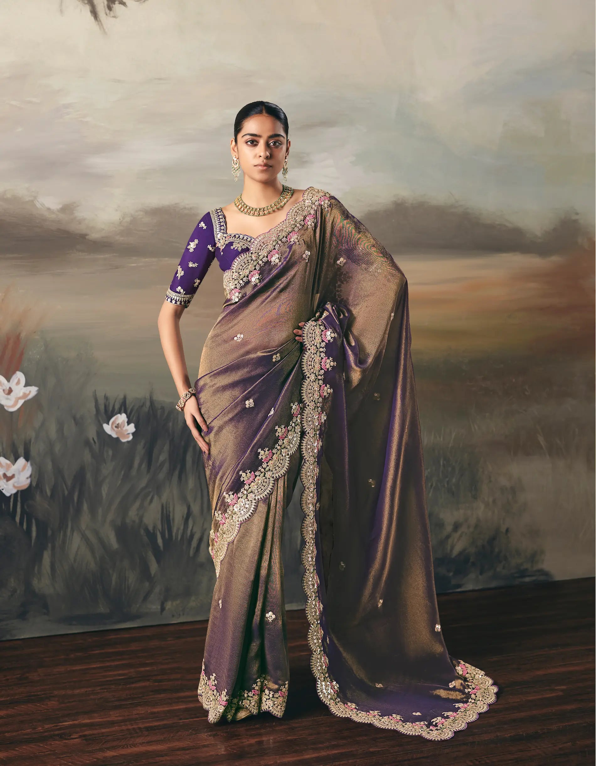 Golden Purple Heavy Embroidered Tissue Silk Saree