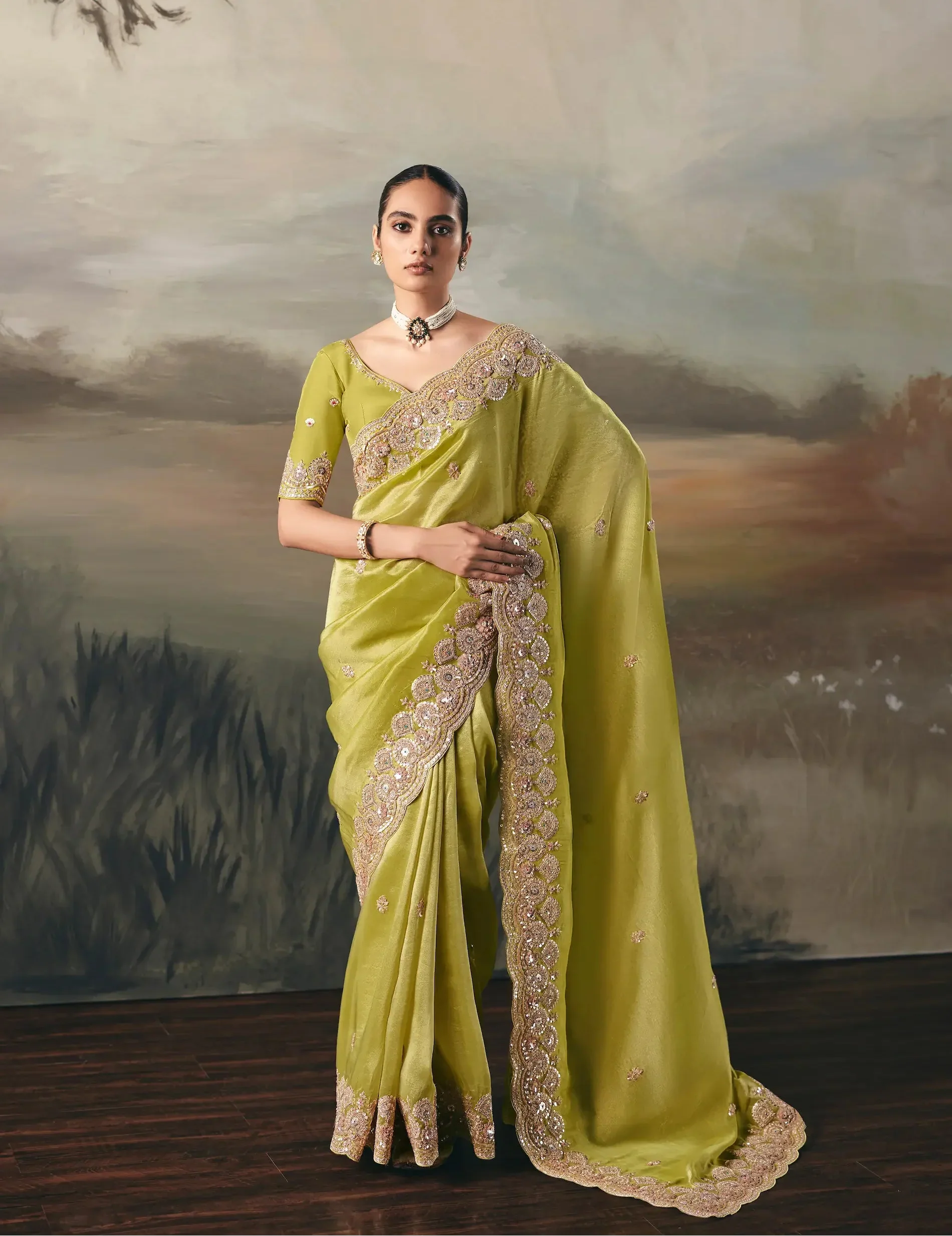 Fluorescent Yellow Heavy Embroidered Tissue Silk Saree
