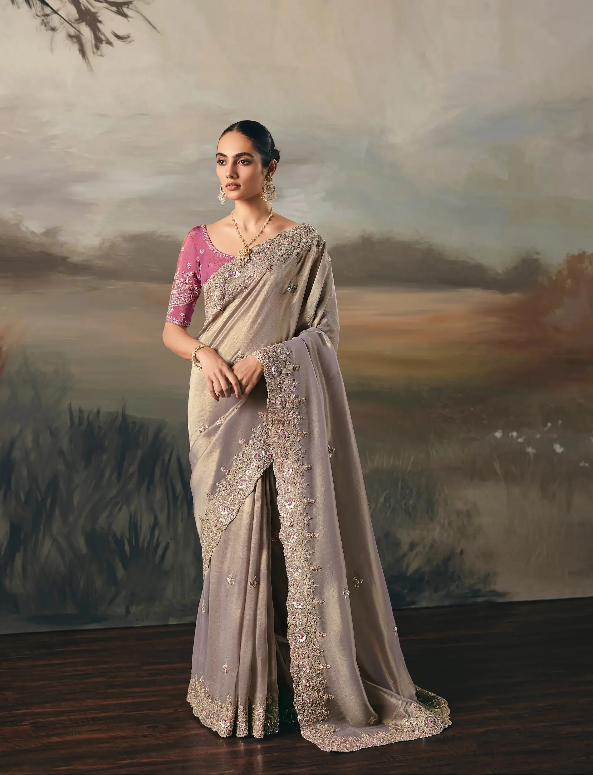Silver Grey Heavy Embroidered Tissue Silk Saree