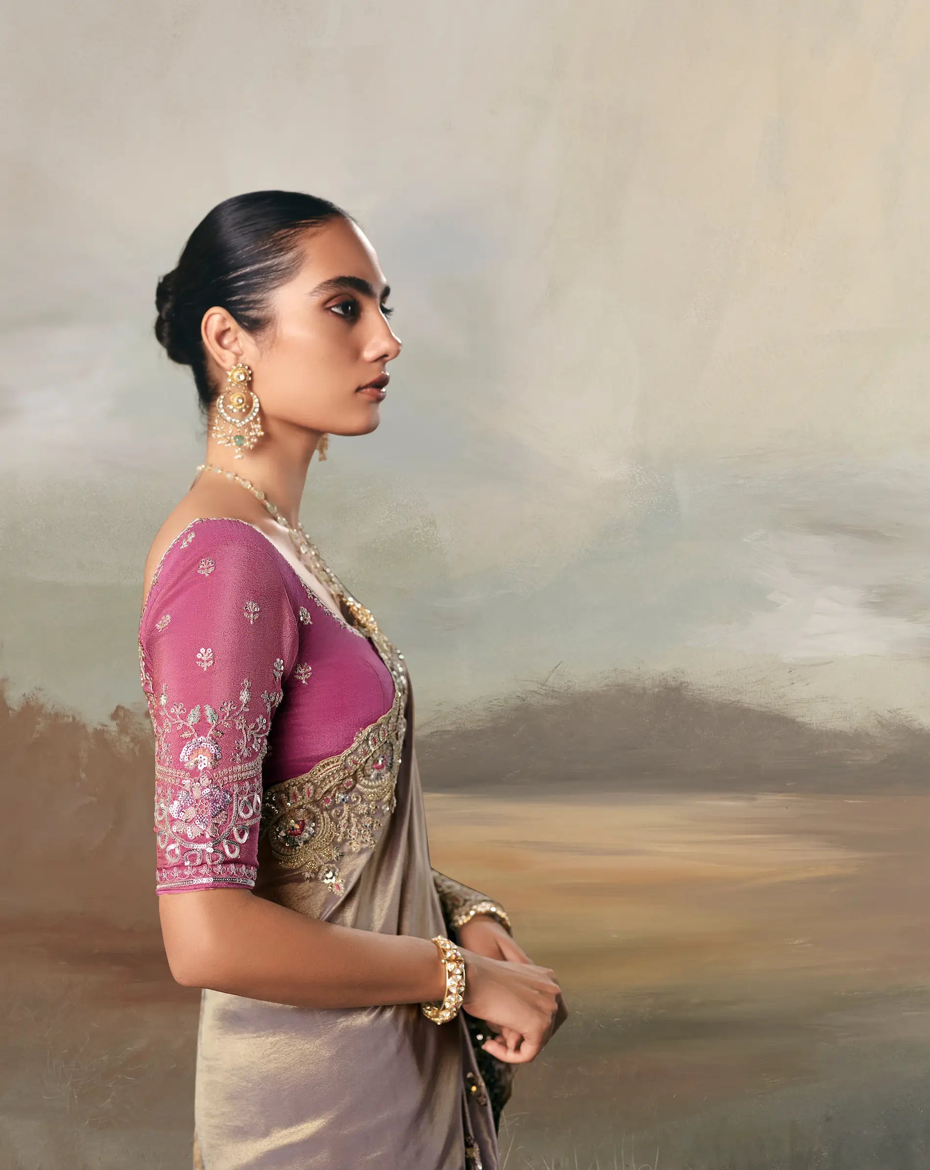 Silver Grey Heavy Embroidered Tissue Silk Saree