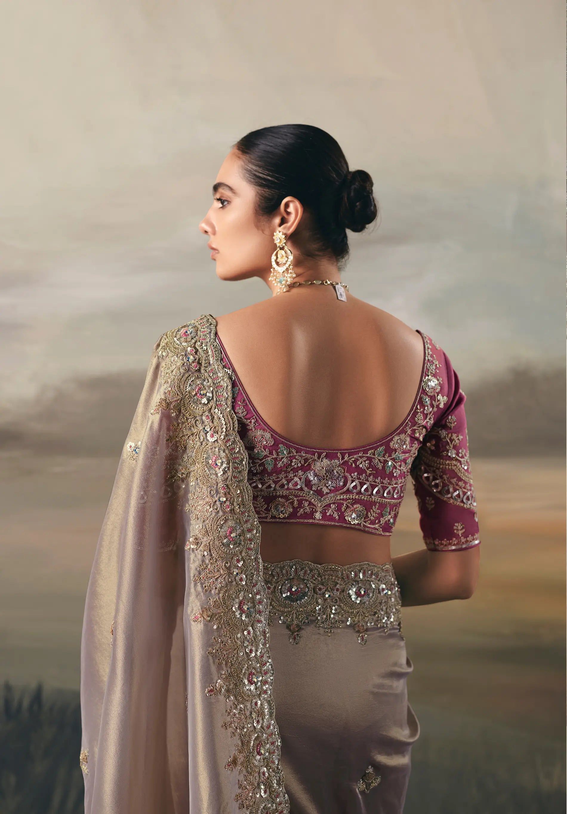 Silver Grey Heavy Embroidered Tissue Silk Saree