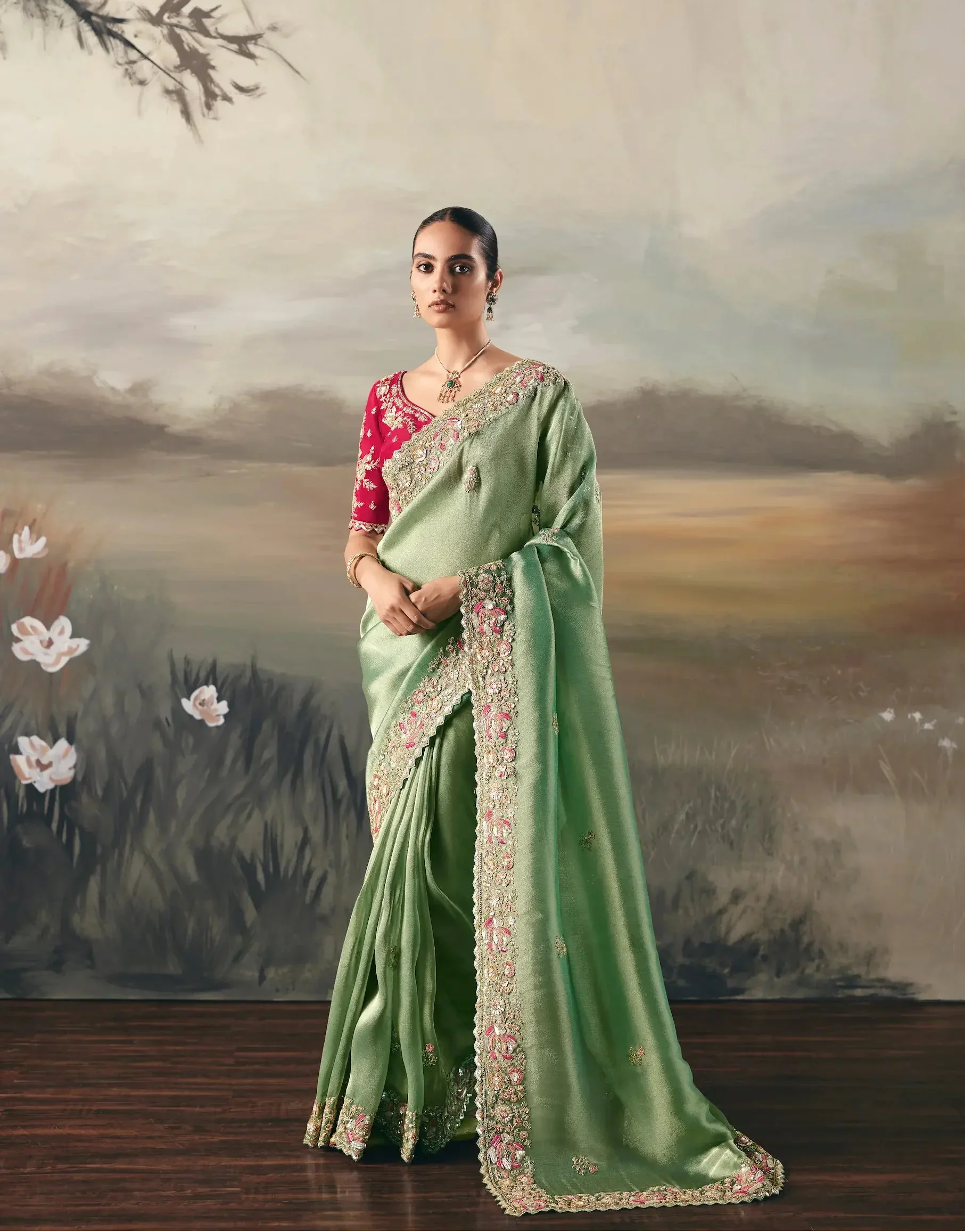 Sage Green Heavy Embroidered Tissue Silk Saree