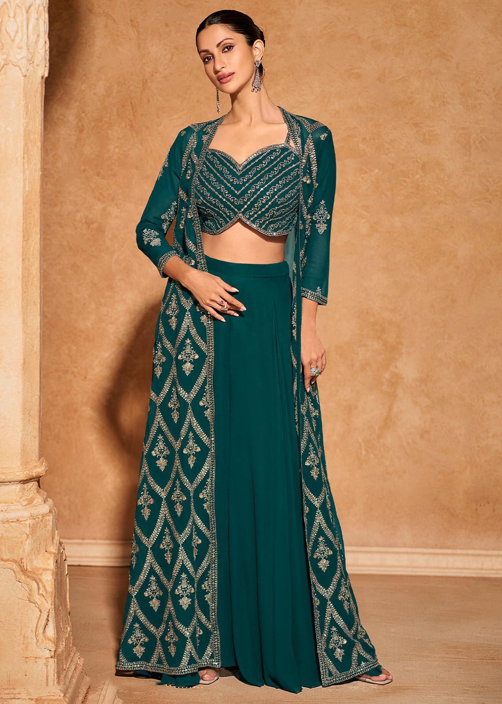 peacock Blue Georgette Top Plazzo Set With Long Embroidered Jacket - qivii