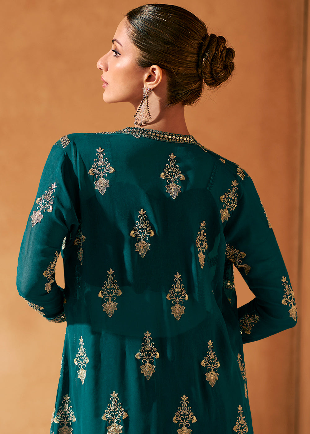 peacock Blue Georgette Top Plazzo Set With Long Embroidered Jacket - qivii
