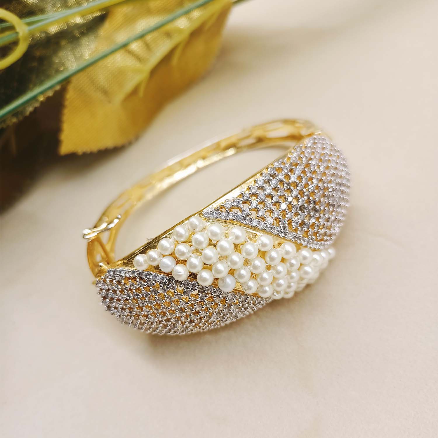 Vina Off White Beads Gold Plated American Daimond Bracelet - qivii