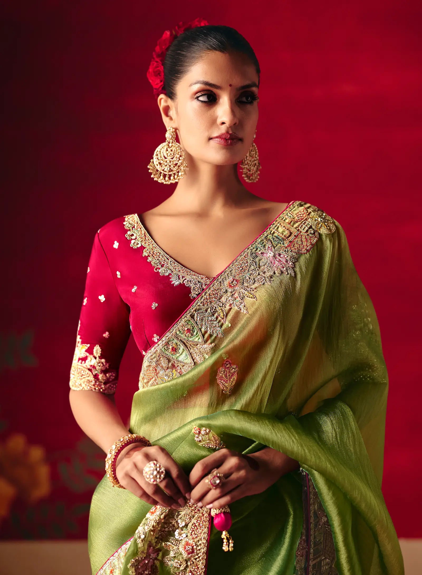 Moss Green Heavy Embroidered Saree