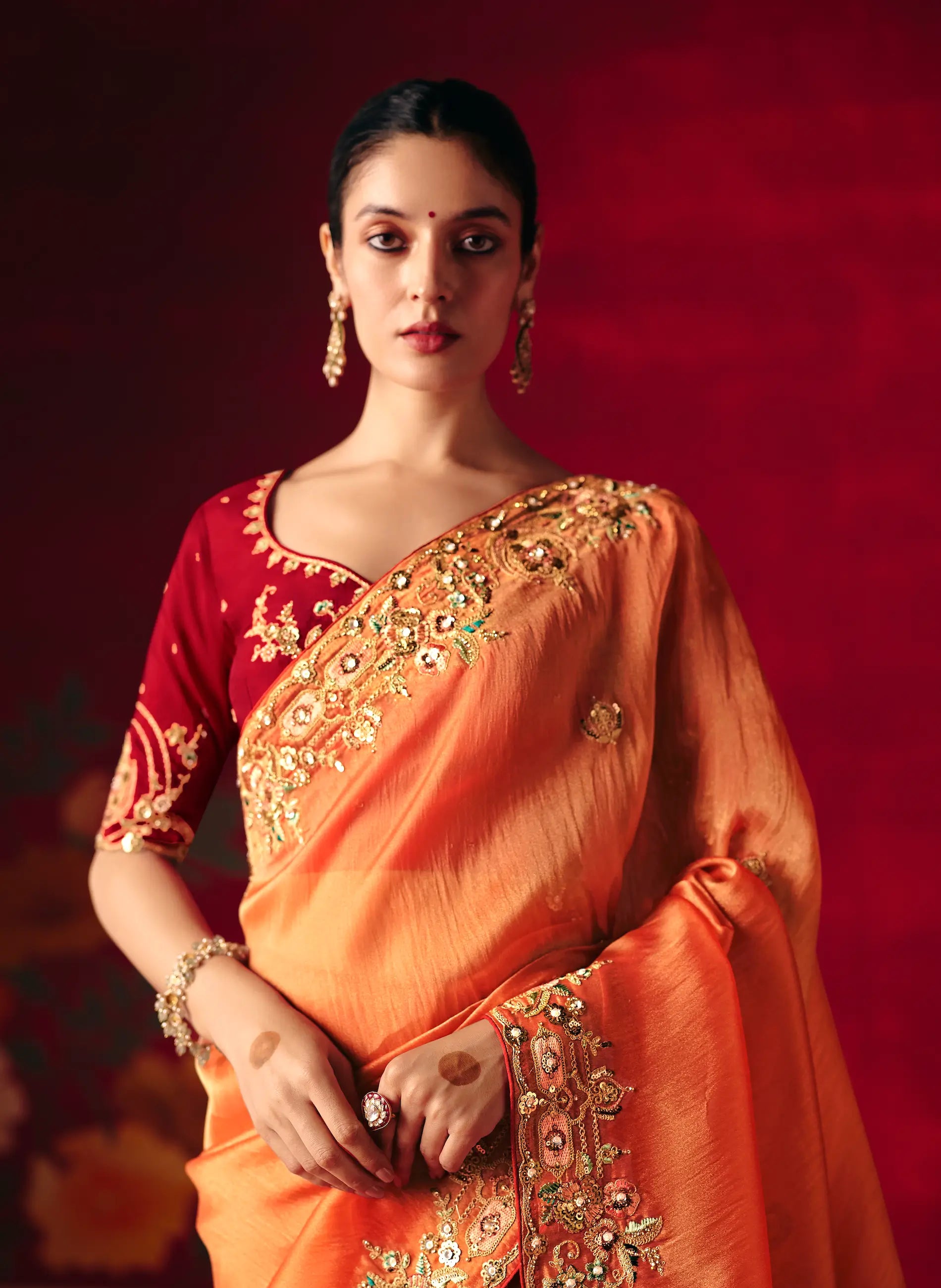 Burnt Orange Heavy Embroidered Saree