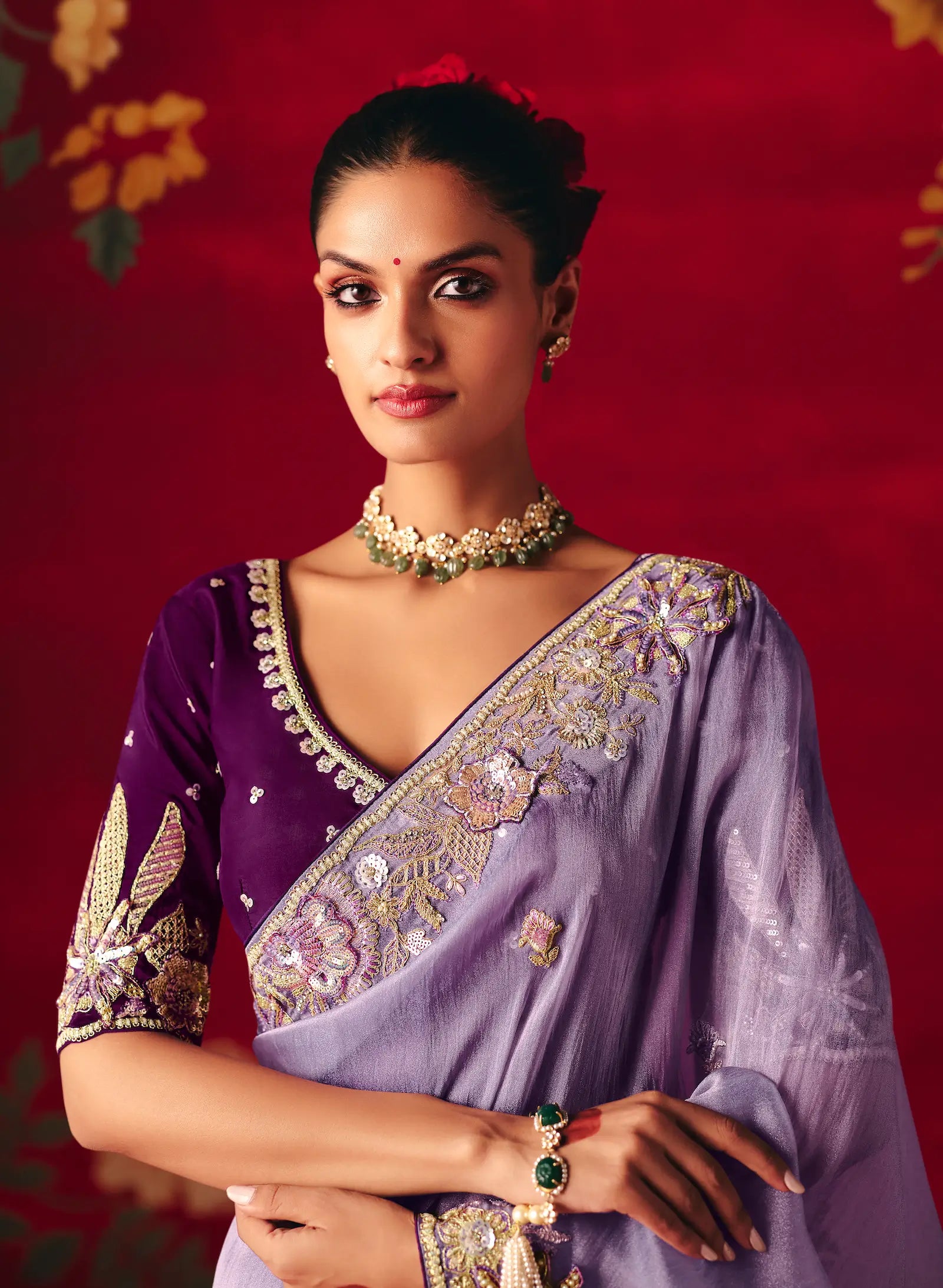 Dark Lilac Heavy Embroidered Saree