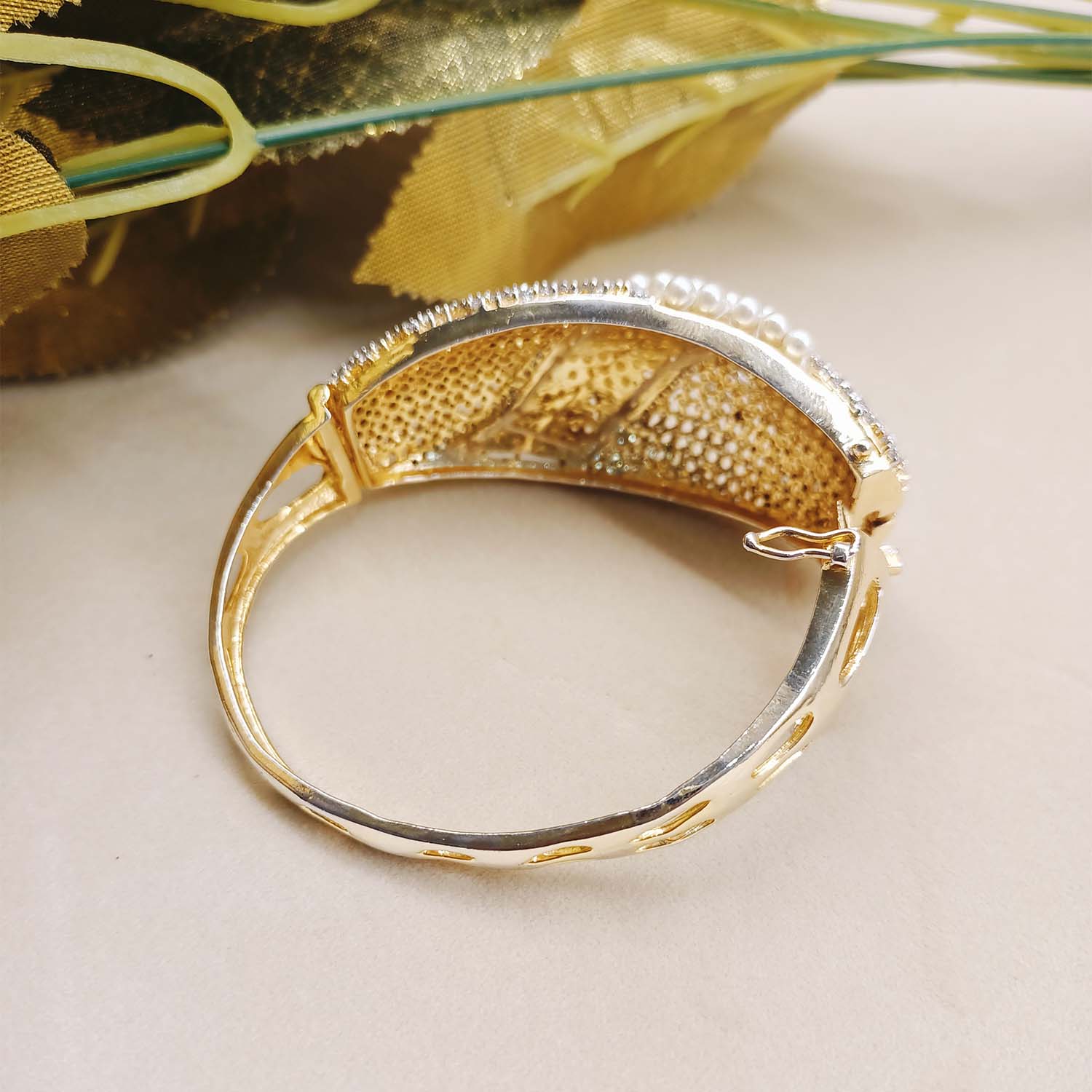 Vina Off White Beads Gold Plated American Daimond Bracelet - qivii