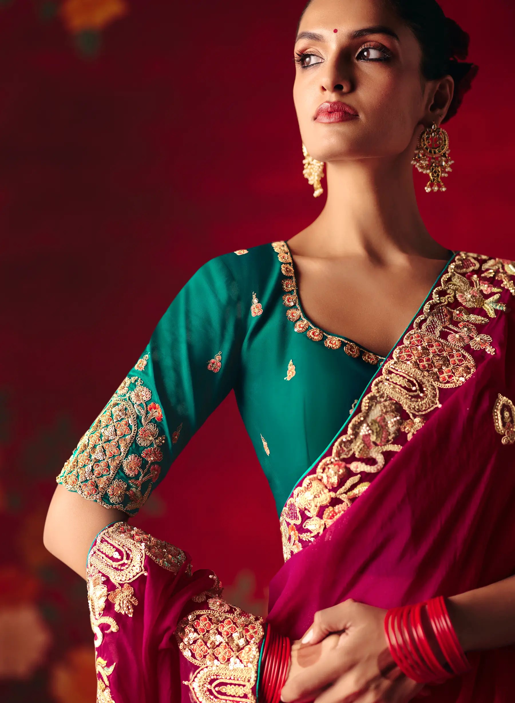 Crimson Red Heavy Embroidered Saree