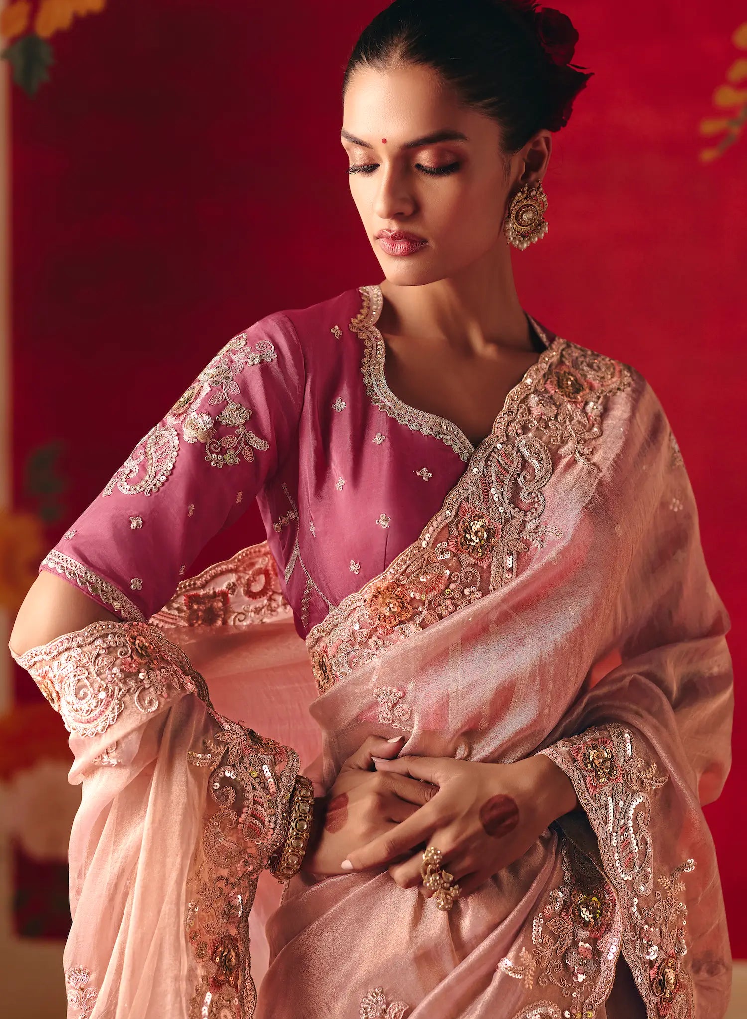 Blossom Pink Heavy Embroidered Saree
