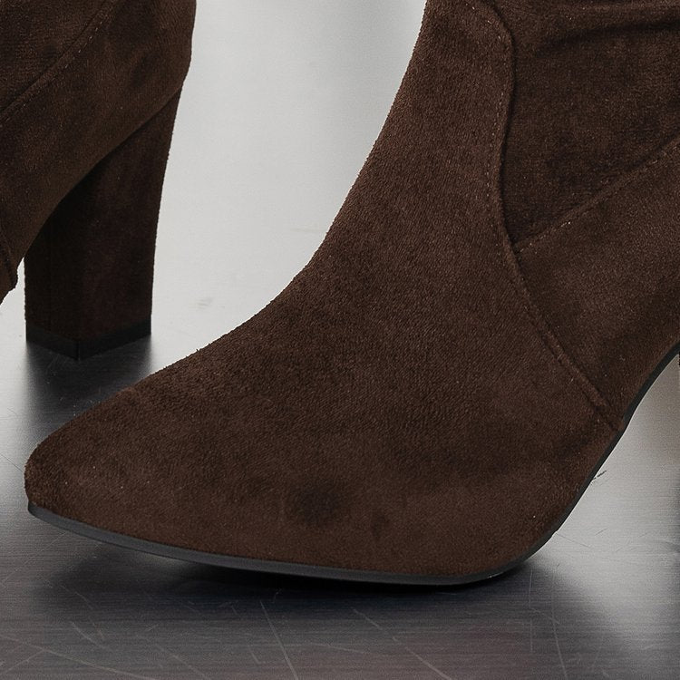 Women’s Suede ChunkyEdge Knee-High Boots – Pointed Toe Chunky Heel Tall Boots (US 4–10.5)