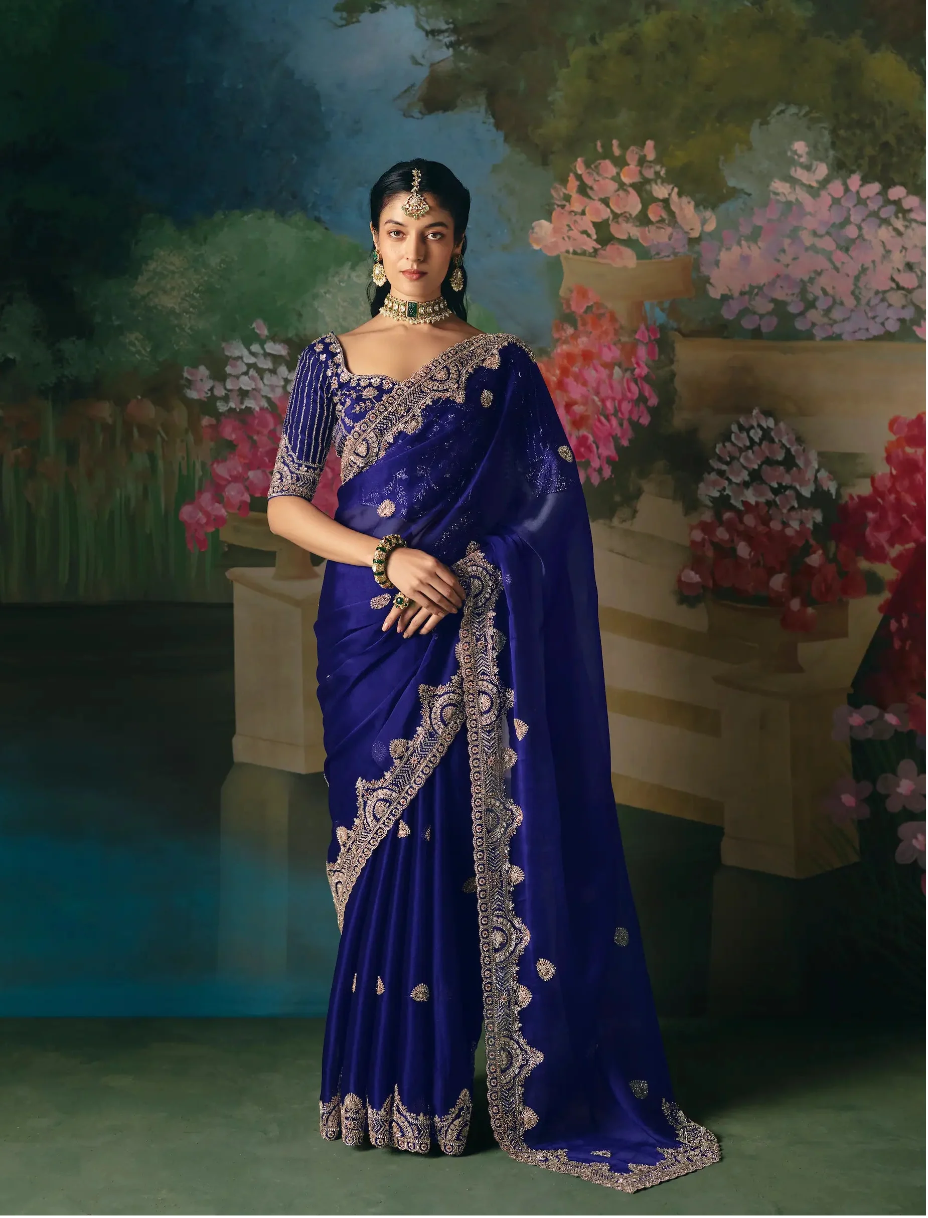 Royal Blue Sequins & Beads Embroidery Saree