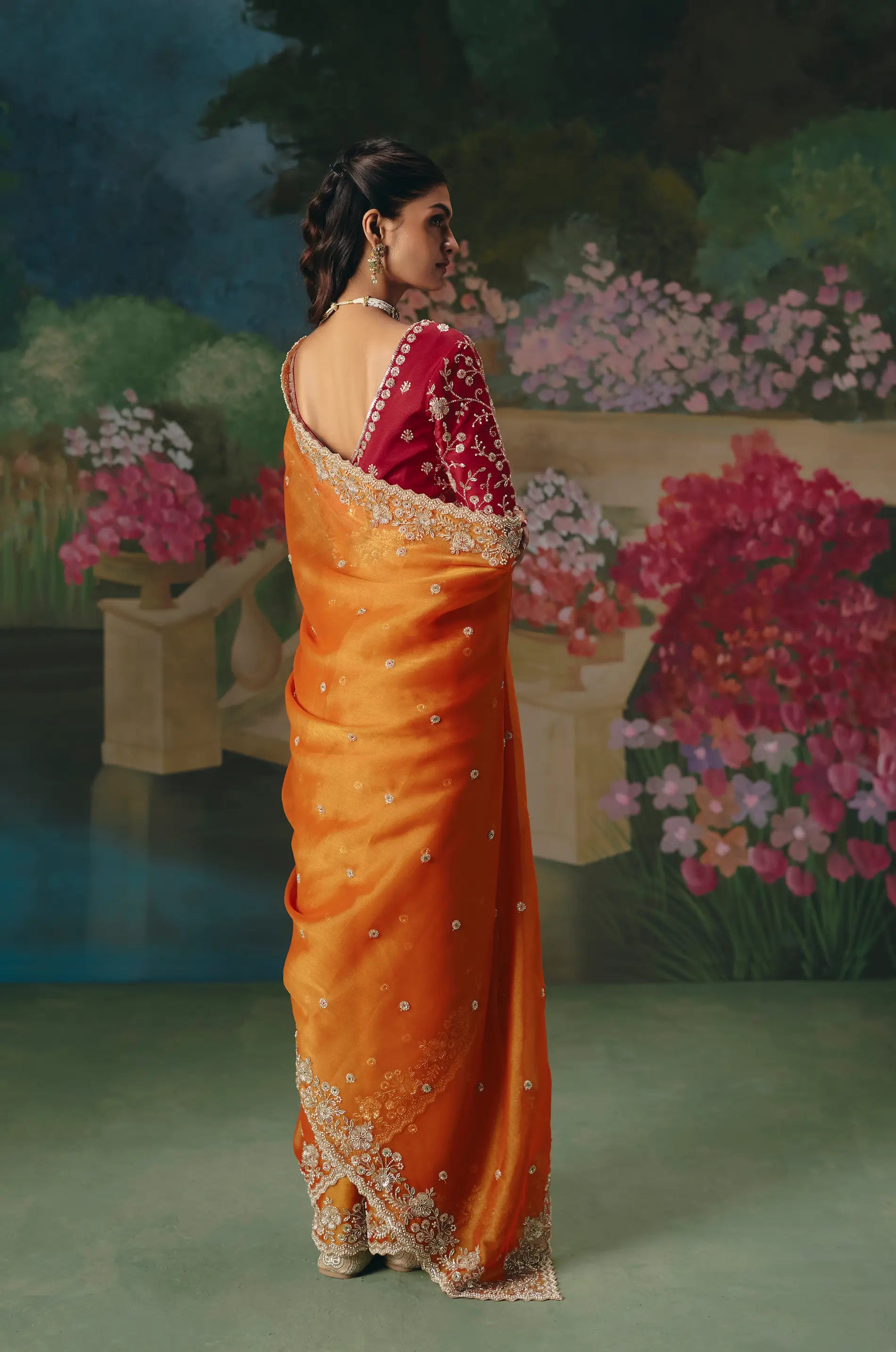 Bright Orange Sequins & Beads Embroidery Saree