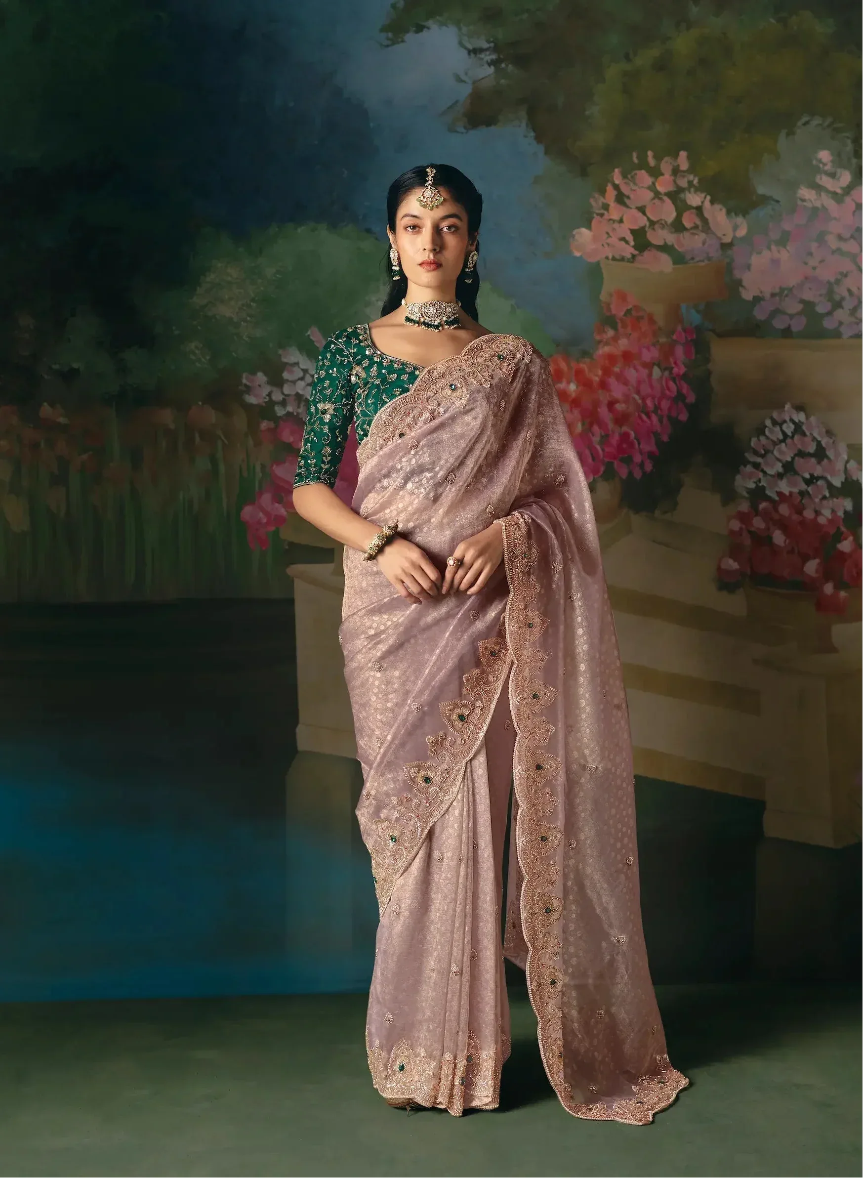Mauve Pink Sequins & Beads Embroidery Saree