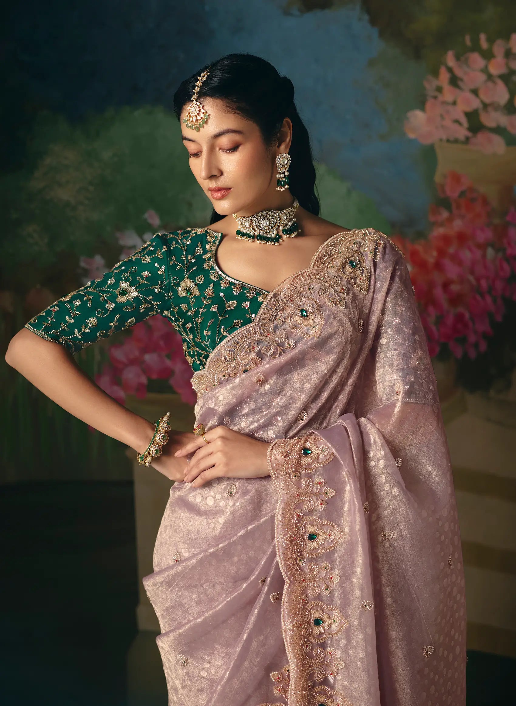 Mauve Pink Sequins & Beads Embroidery Saree