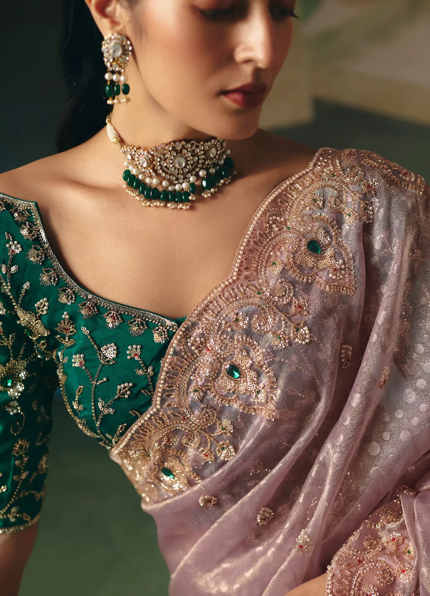 Mauve Pink Sequins & Beads Embroidery Saree