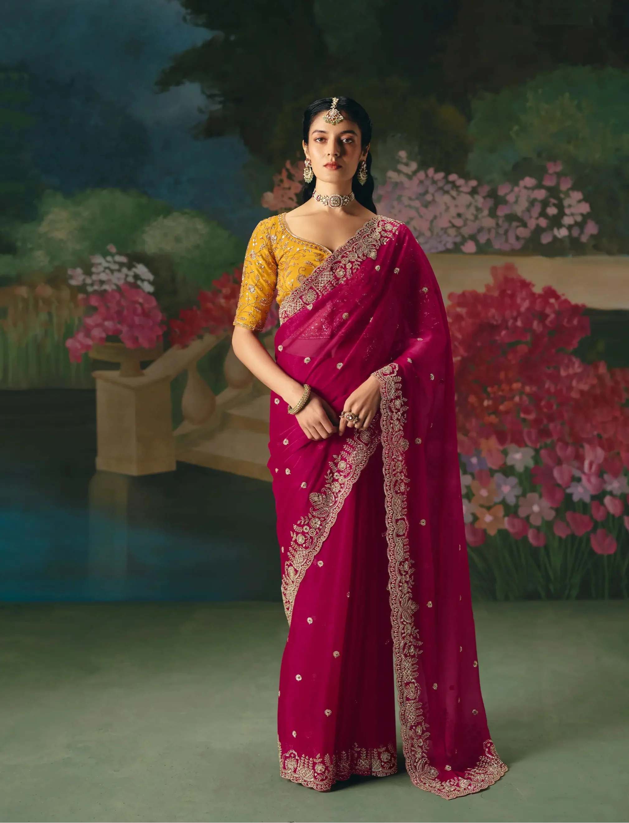 Hot Pink Sequins & Beads Embroidery Saree