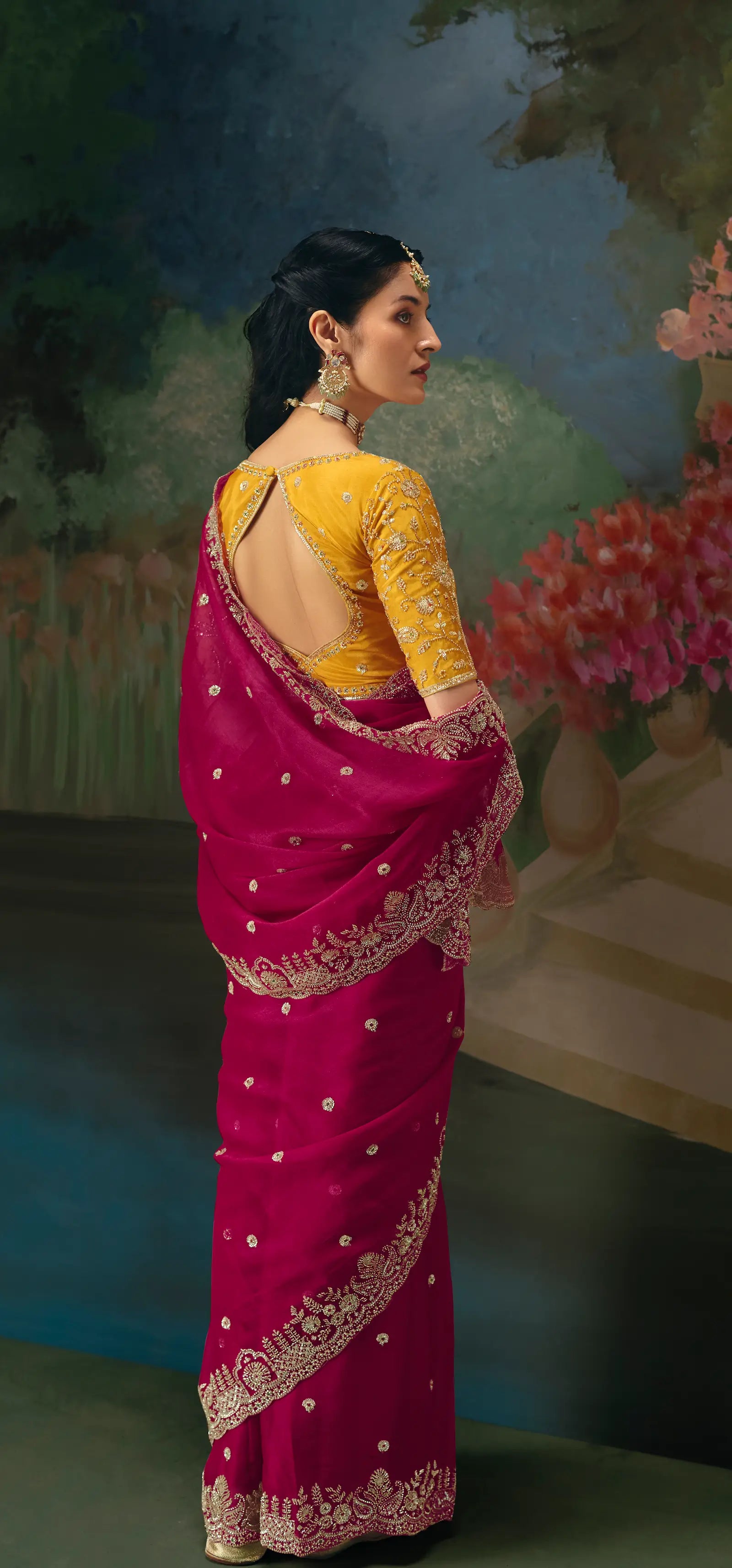 Hot Pink Sequins & Beads Embroidery Saree