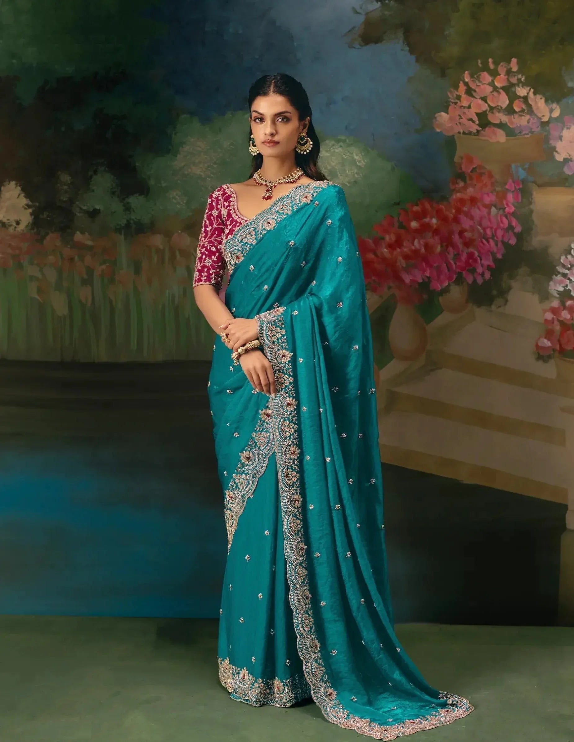 Teal Blue Sequins & Beads Embroidery Saree