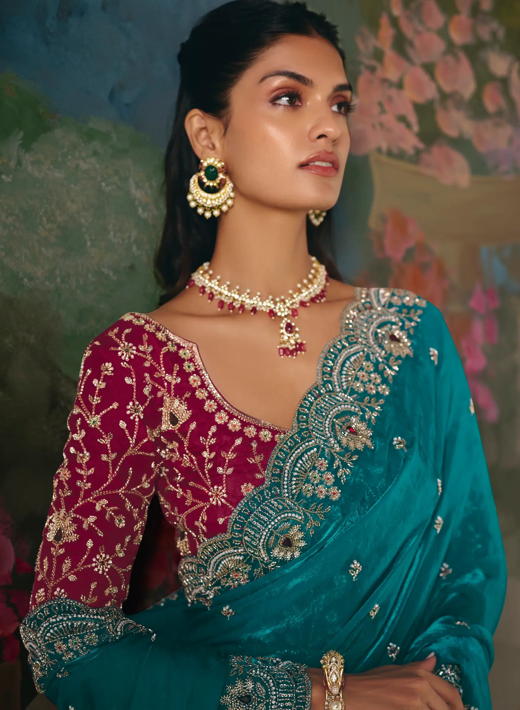 Teal Blue Sequins & Beads Embroidery Saree
