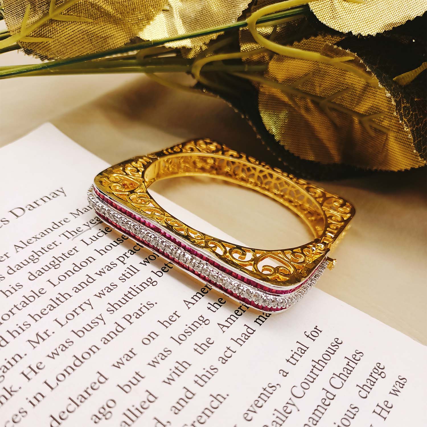 Vijayanthi Majenta Stones Gold Plated American Diamond Bracelet - qivii