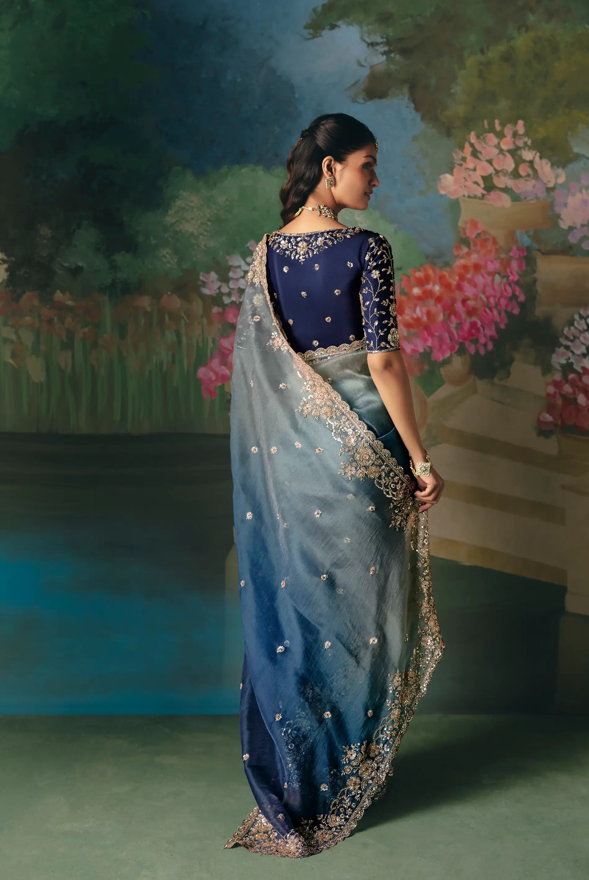 Shaded Blue Sequins & Beads Embroidery Saree