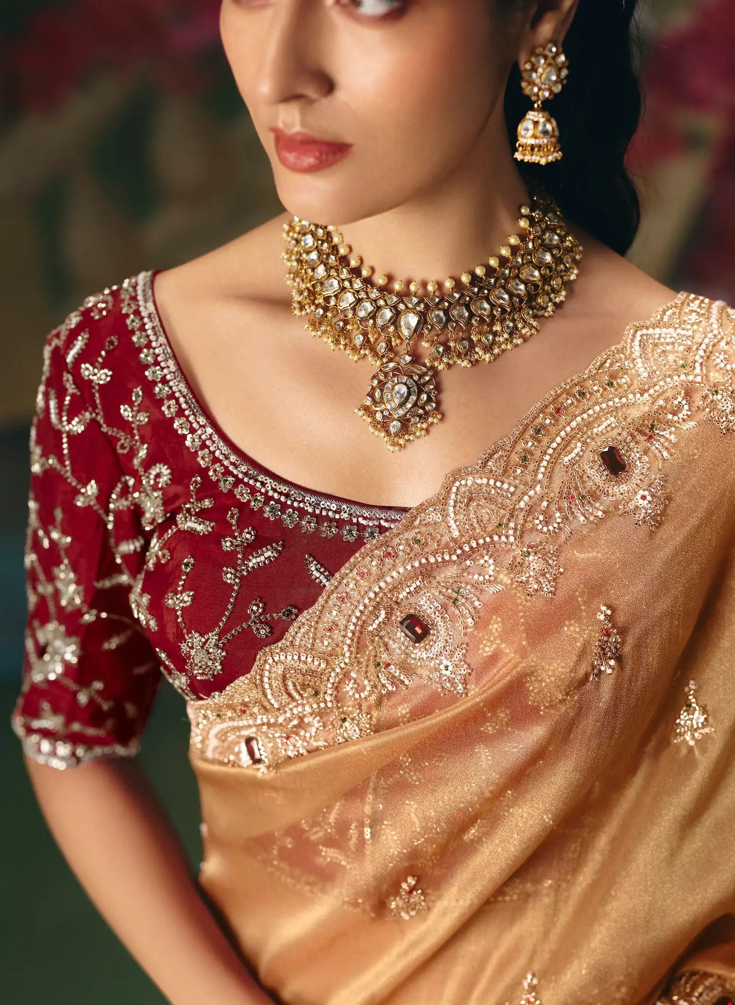 Golden beige Sequins & Beads Embroidery Saree