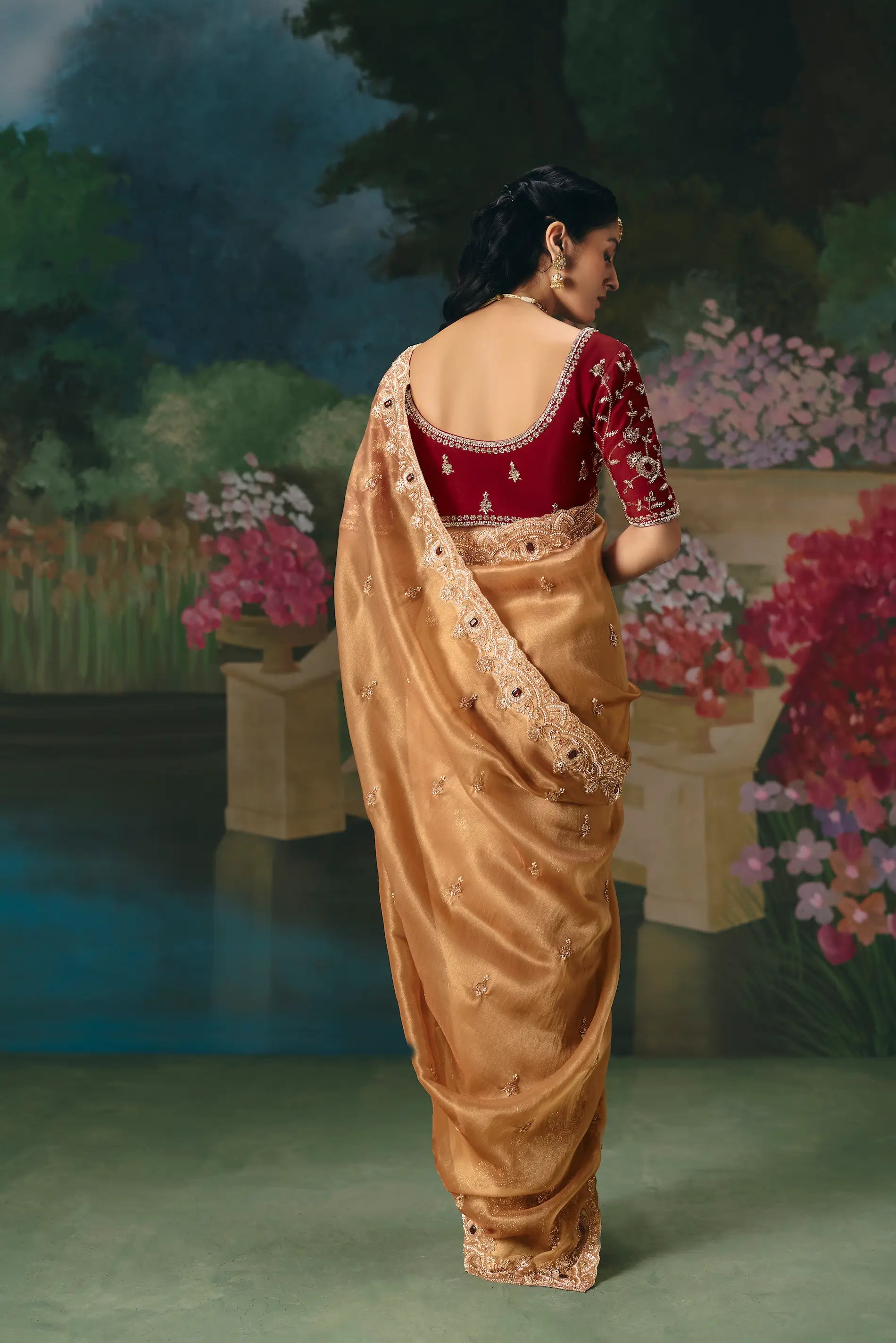 Golden beige Sequins & Beads Embroidery Saree