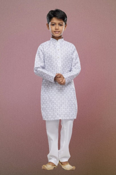 Boy's Light Grey Cotton Digital Print Kurta Set