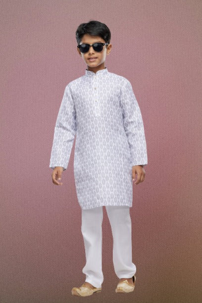 Boy's Light Grey Cotton Digital Print Kurta Set