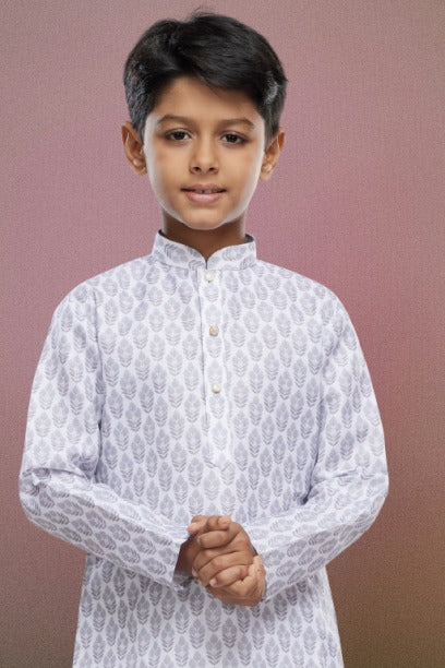 Boy's Light Grey Cotton Digital Print Kurta Set