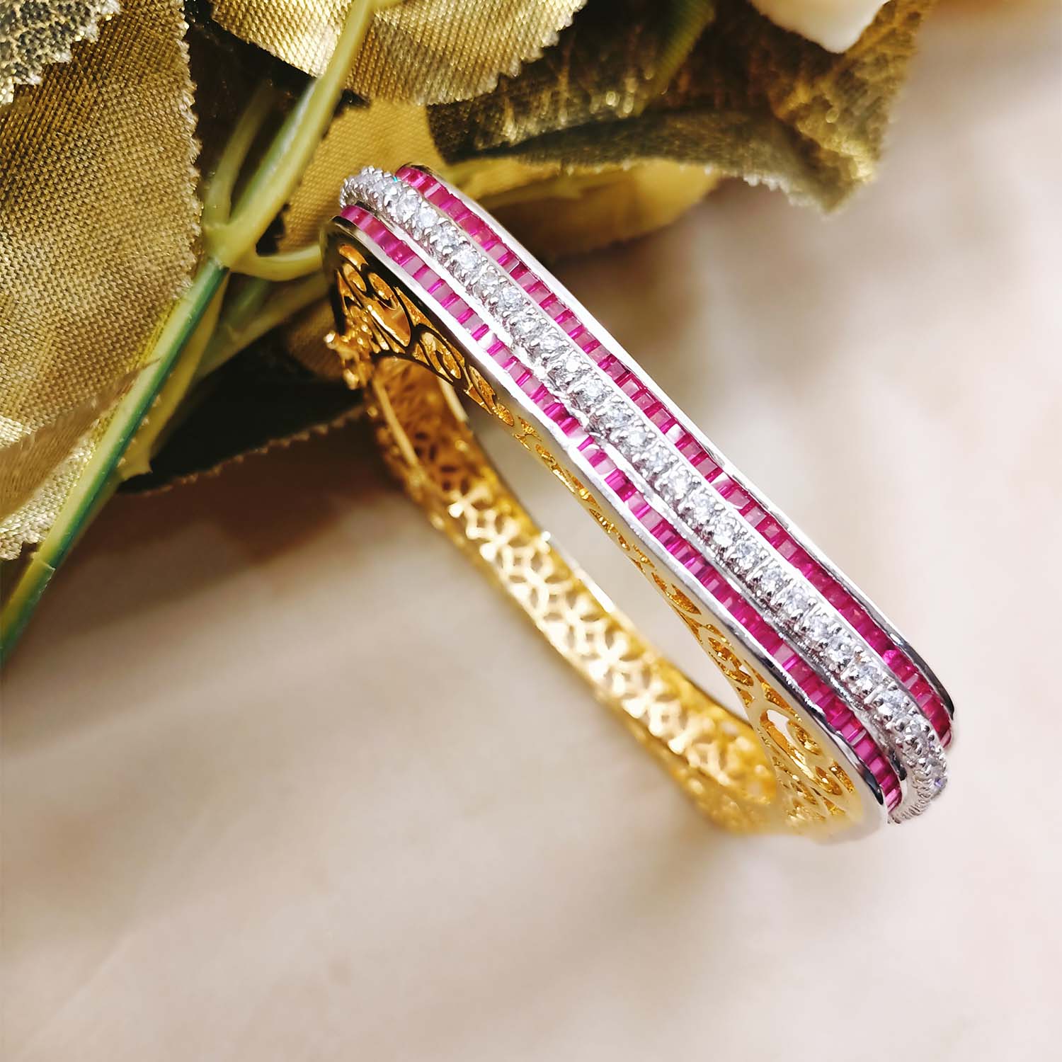Vijayanthi Majenta Stones Gold Plated American Diamond Bracelet - qivii