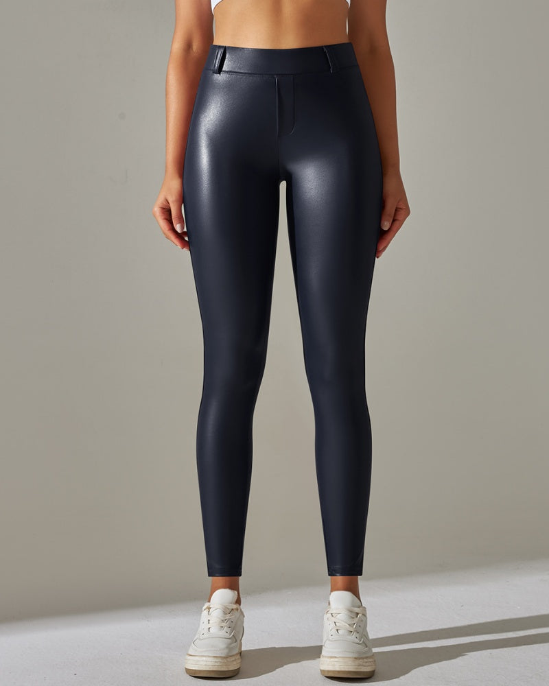 PU leather Pants High Waist Tight Sports Yoga Pants Slim - By Qivii