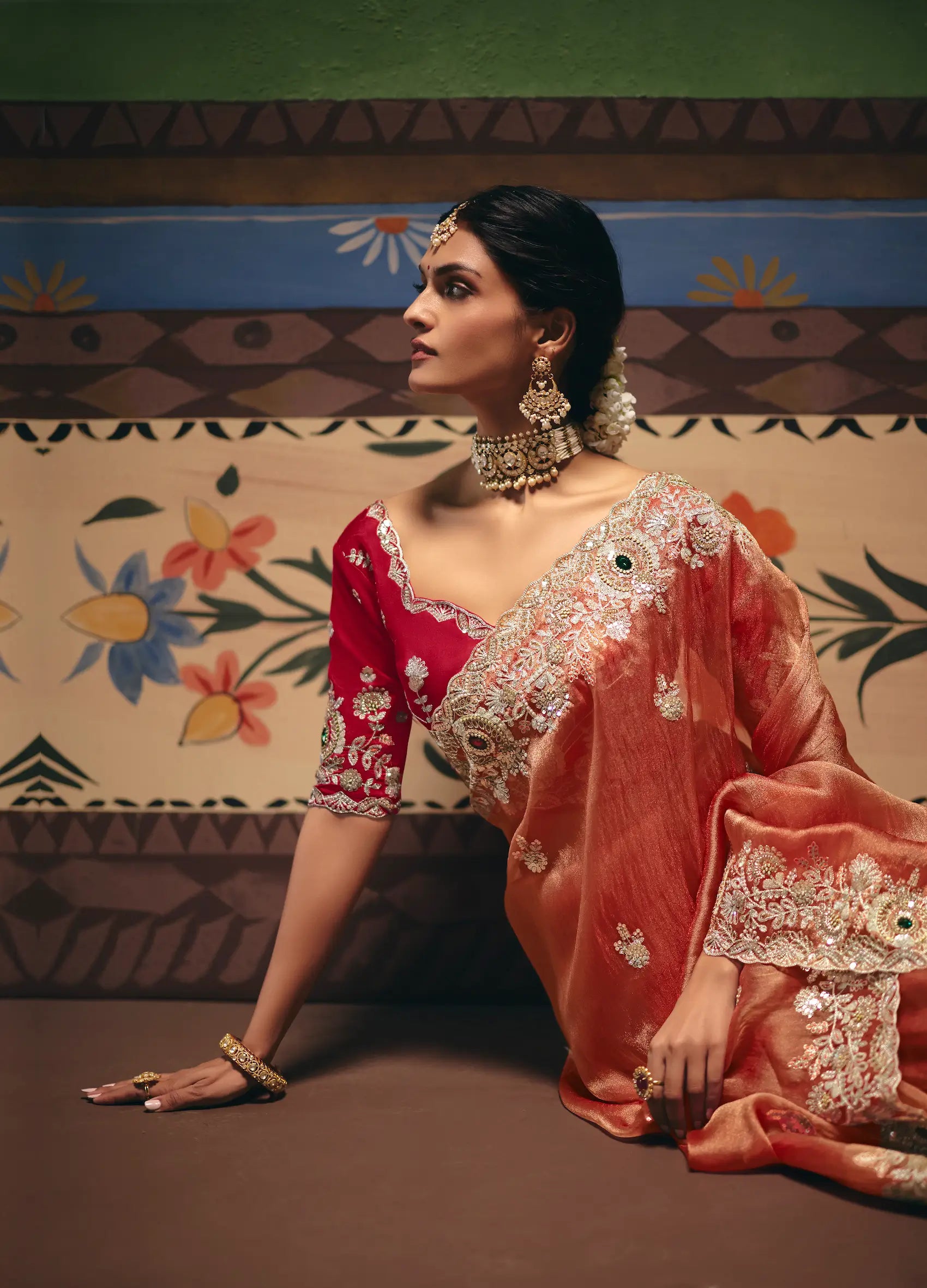 Coral Orange Heavy Embroidered Saree