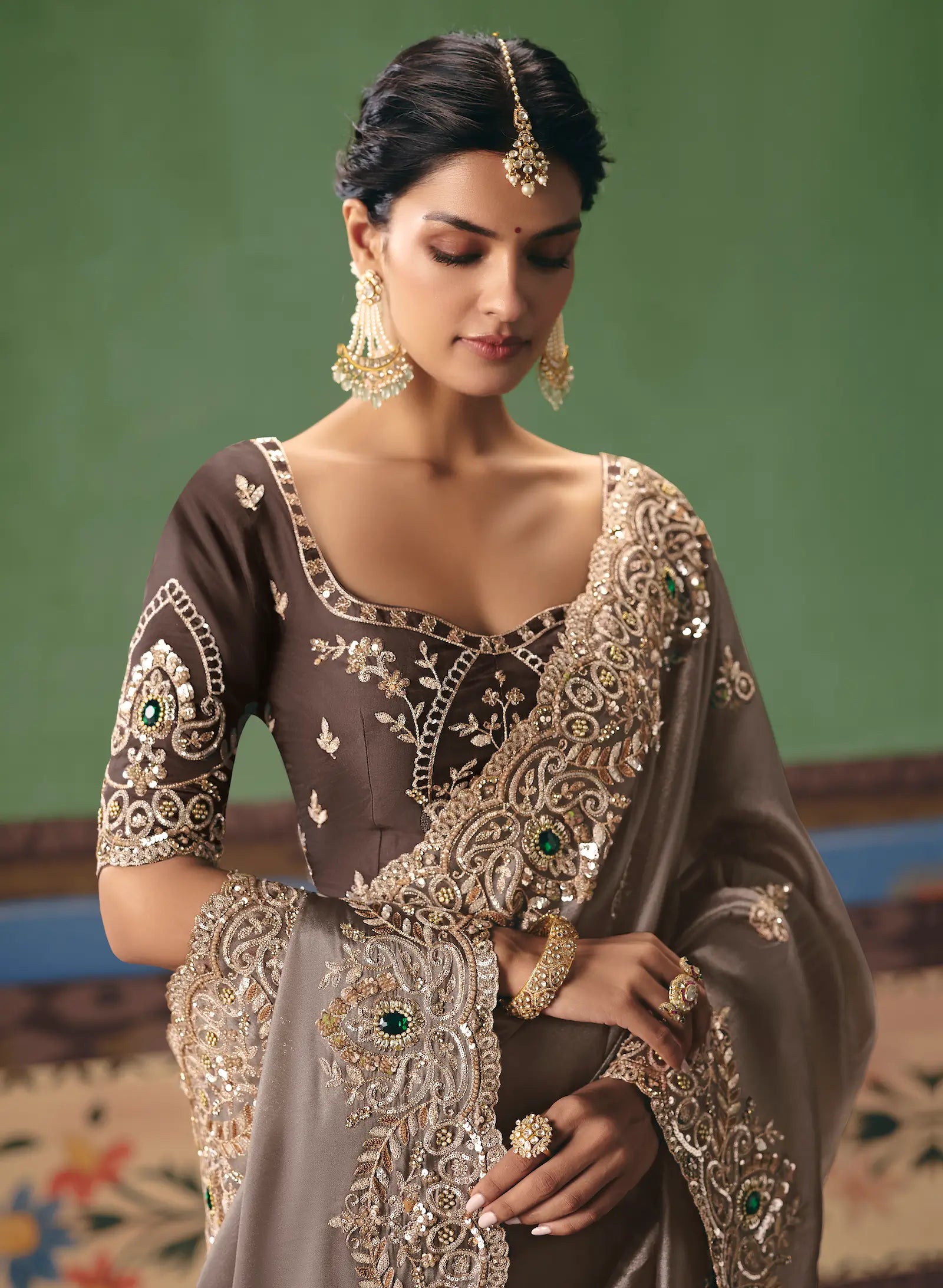 Taupe Brown Heavy Embroidered Saree