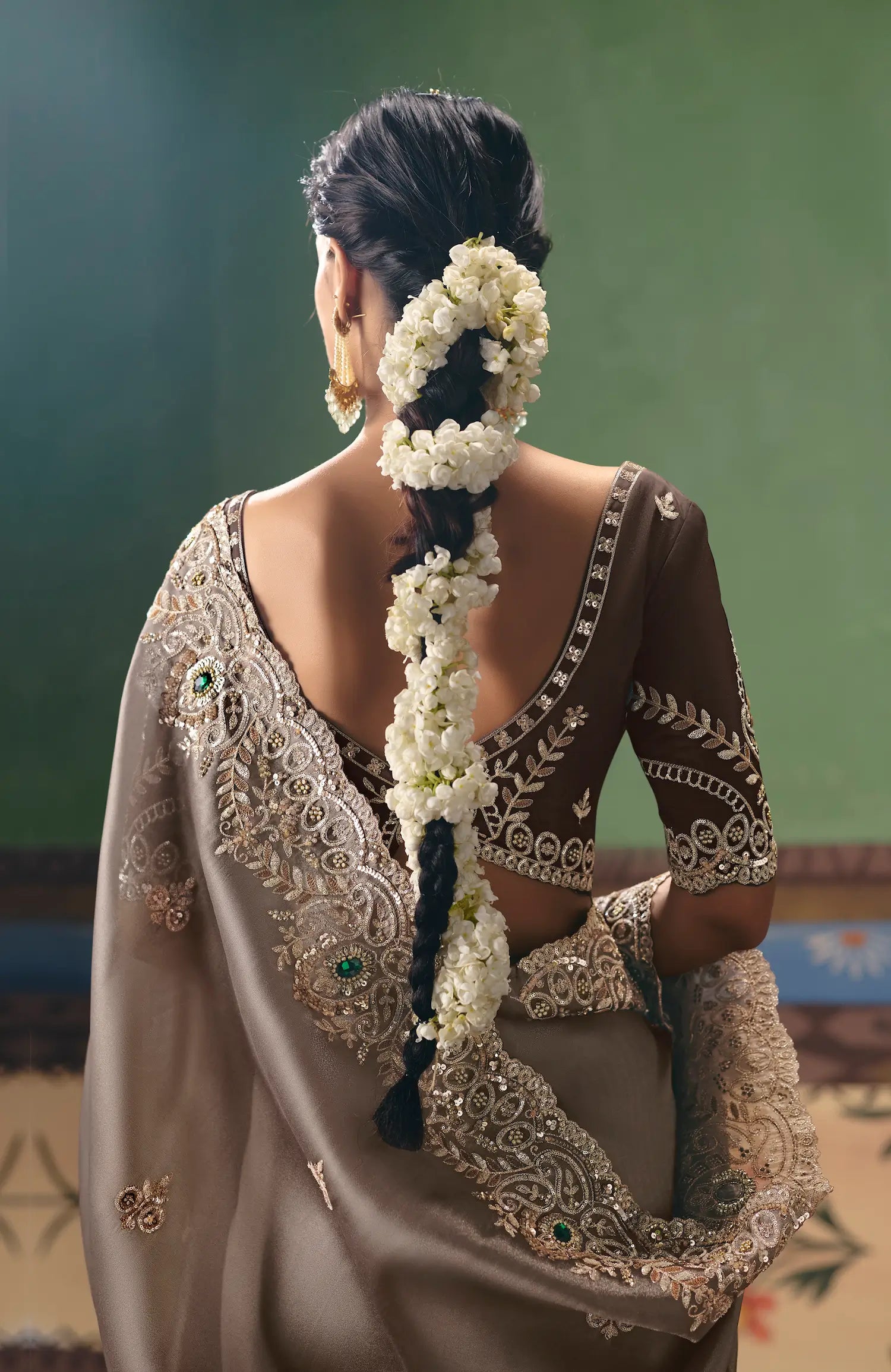 Taupe Brown Heavy Embroidered Saree