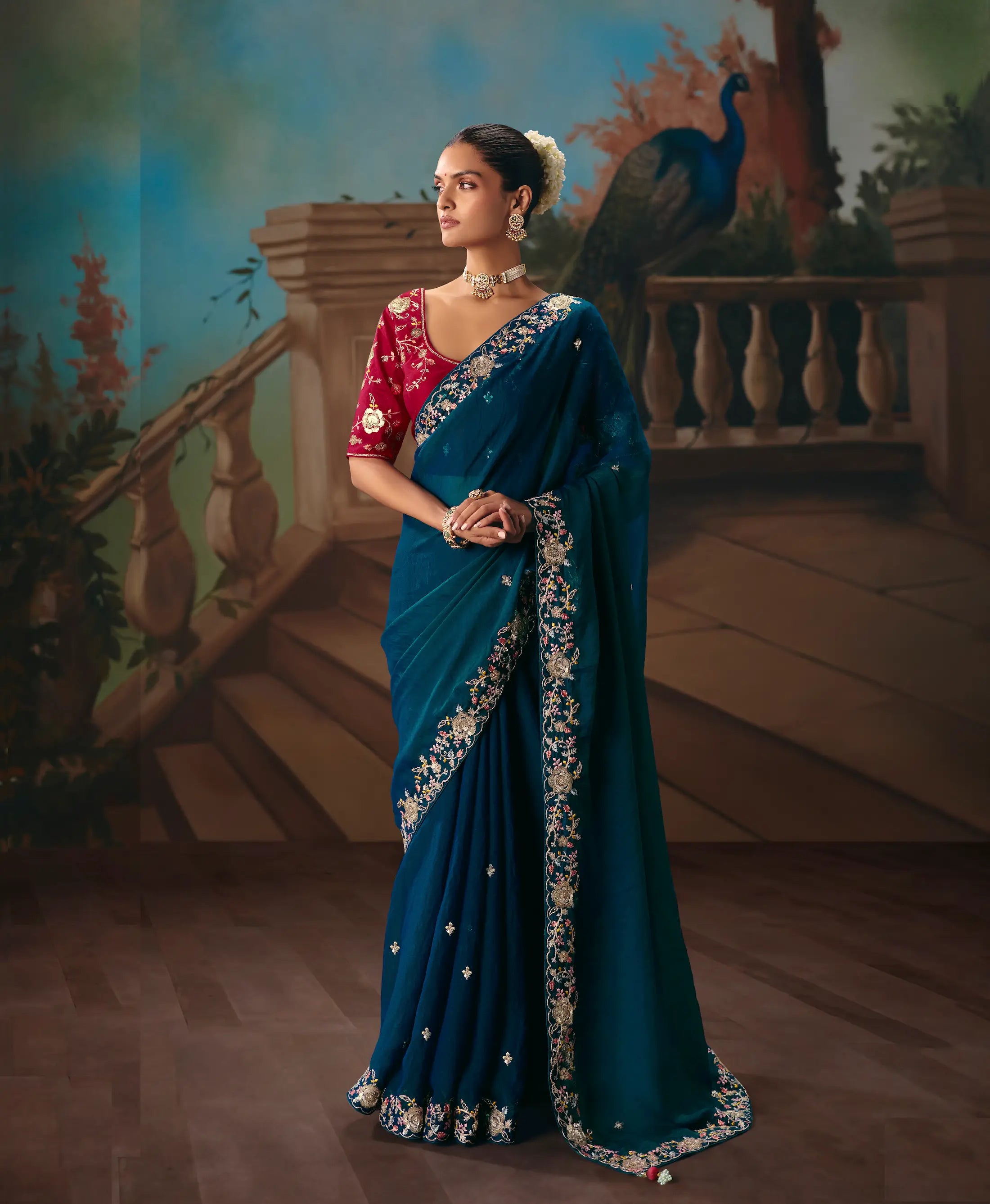 Deep Teal Fancy Embroidered Saree