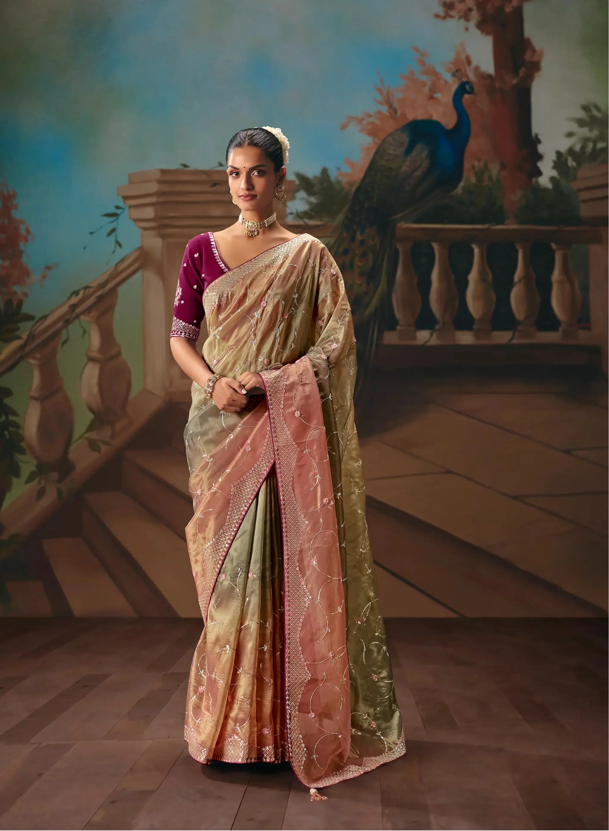Peach-Olive Fancy Embroidered Saree