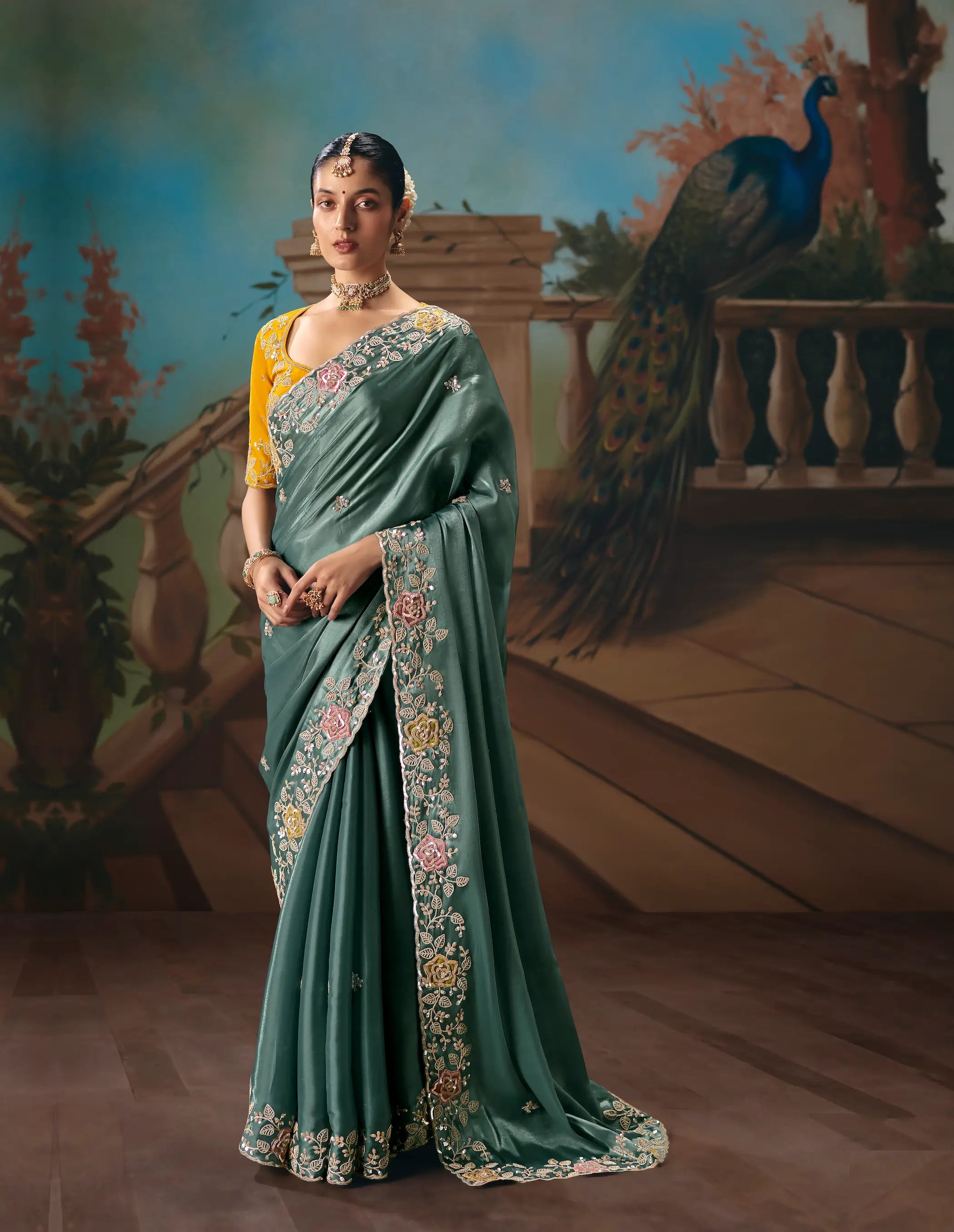 Greyish Teal Fancy Embroidered Saree